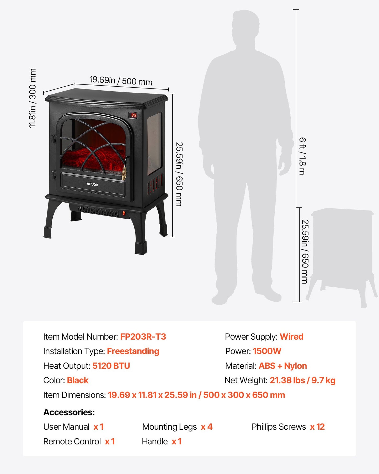 25.5inch Freestanding Fireplaces, 1500W 5120BTU Portable Electric Fireplace Stove Heater, with Overheating Protection,Adjustable Flames,Timer, Remote,for Living Room,Bedroom,Black
