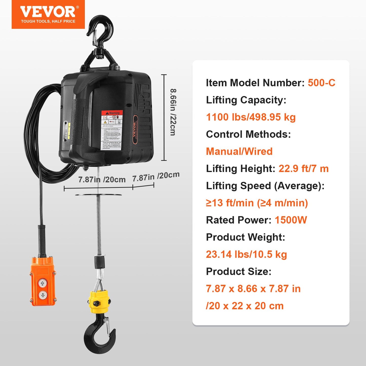 2-in-1 1100 lbs Electric Hoist Winch, 1500W Portable Power Winch Crane, 22.9 ft Lifting Height, 13 ft/min with Wired Remote Control, for Garage, Warehouse, Factory Lifting Towing