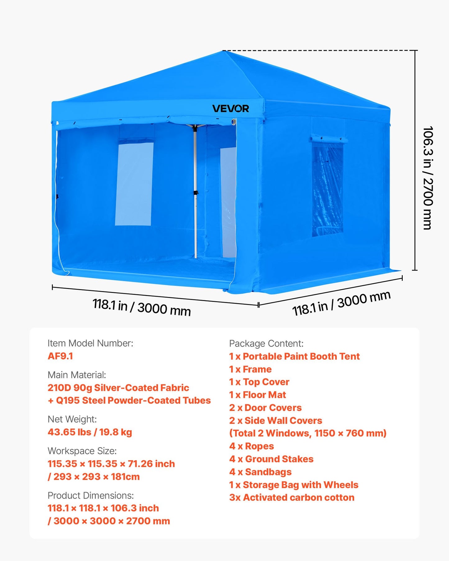 Portable Paint Booth Tent, 115.35 x 115.35 x 71.26 inch Portable Garage Spray Tent, Waterproof Spray Booth with Foldable Frame Design & 2 Mesh Side Windows for Auto Parts, Furniture, Motorcycle