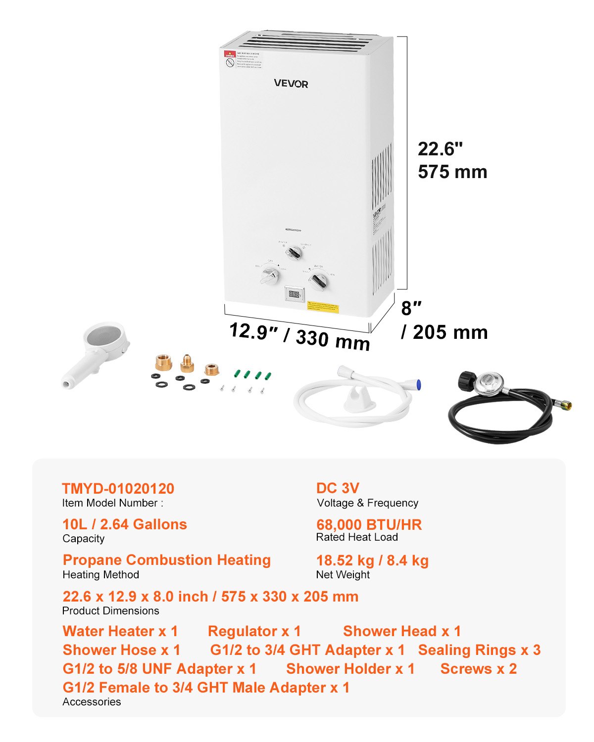 Portable Propane Water Heater, 10L Tankless Outdoor Water Heater, 68000 BTU 2.64 GPM Instant Hot Water, with Accessory Set + Regulator for RV Camping Trips Cabins Barns