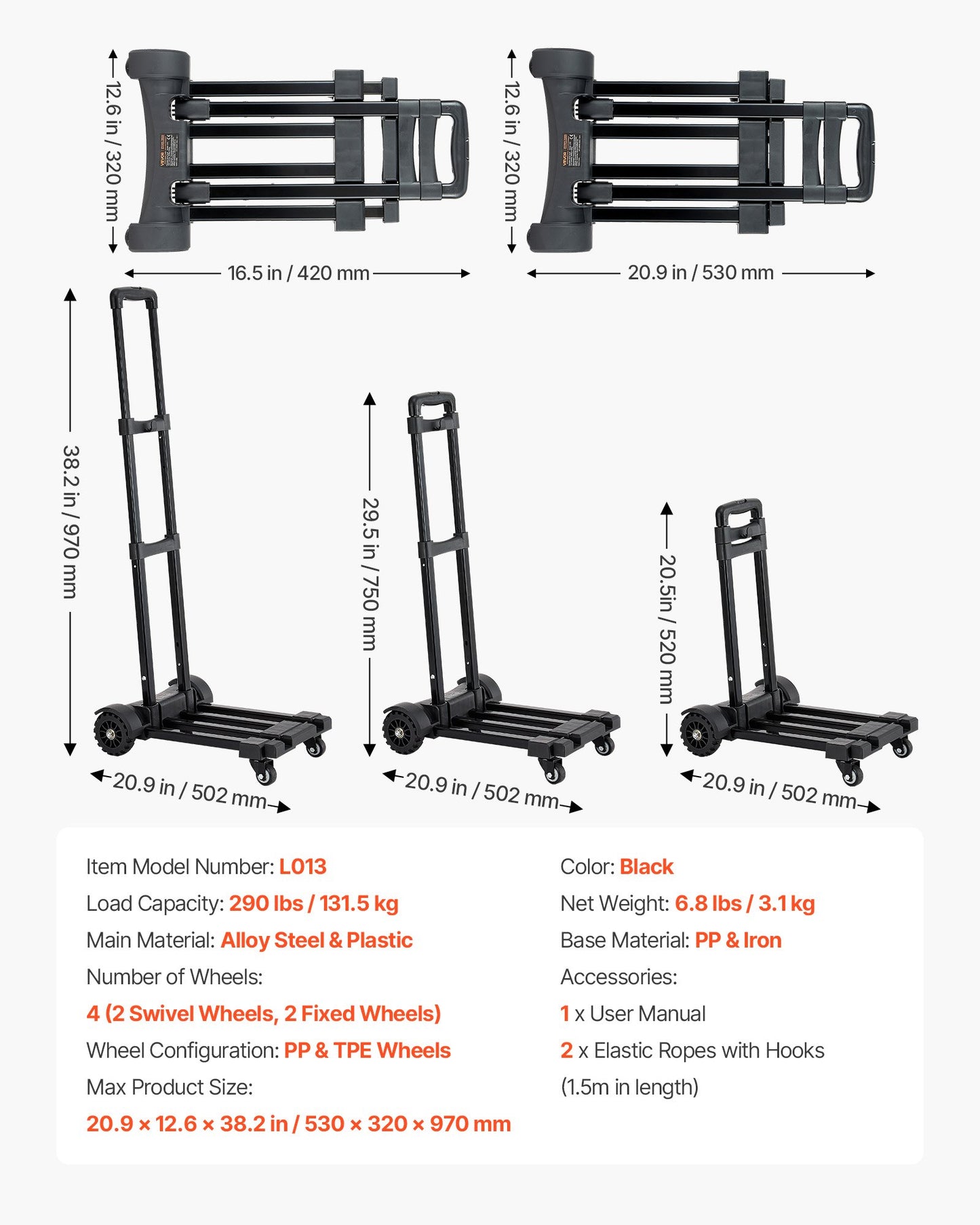 Folding Hand Truck, 290 lbs Load Capacity, Collapsible Luggage Cart with 4 Wheels, 2 Elastic Ropes & Expandable Base, Utility Dolly Platform Cart for Airport Travel Luggage Office Moving, Black