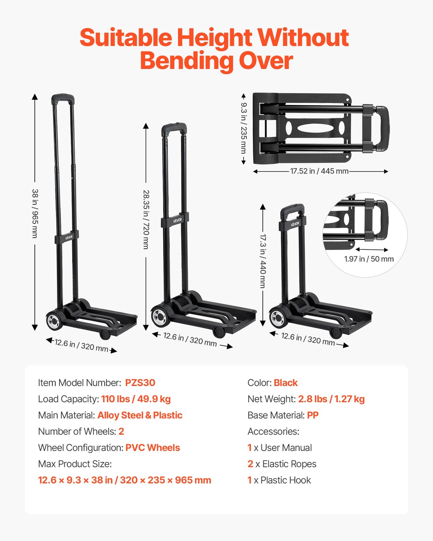 Folding Hand Truck, 110 lbs Load Capacity, Collapsible Luggage Cart with 2 Wheels & 1 Elastic Rope, Utility Dolly Platform Cart for Airport Travel Furniture Luggage Office Moving, Black