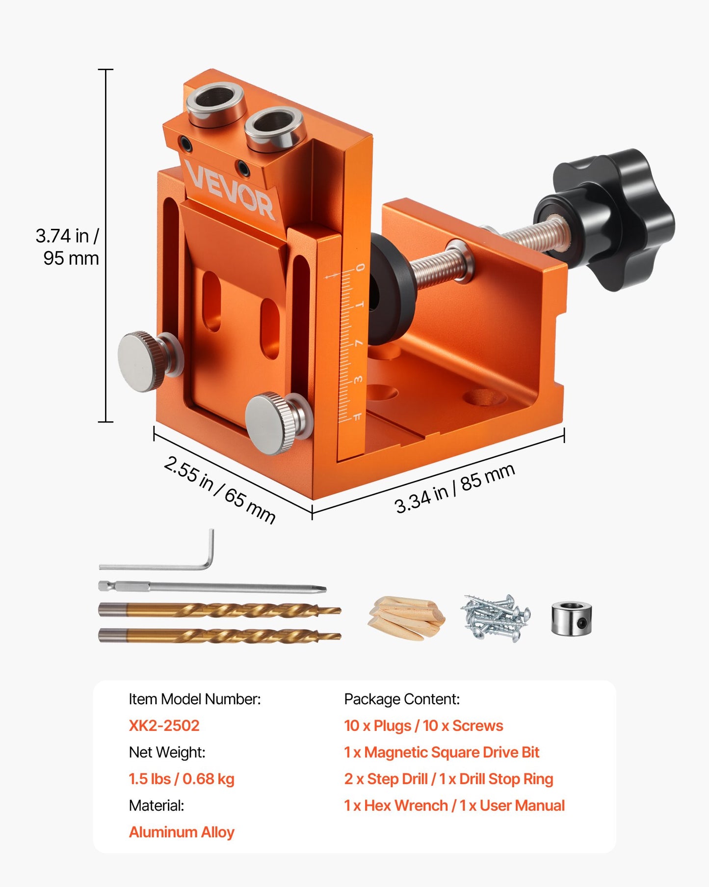 Pocket Hole Jig Kit, 0.47 to 1.89 in Adjustable, Jig Pocket Hole System with Step Drill, Hex Wrench, Drill Stop Ring, Square Drive Bit, Plugs and Screws, Reinforced Metal Frame, for Woodworking