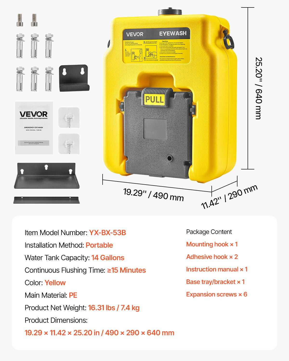 Portable Eye Wash Station 14 Gal, OSHA-Approved Eyewash Station Wall-Mounted/On Flat Surface, Emergency Eye Wash Unit with 2 Sprays, First Aid Eyewash Units for Schools, Labs, Factories, Yellow