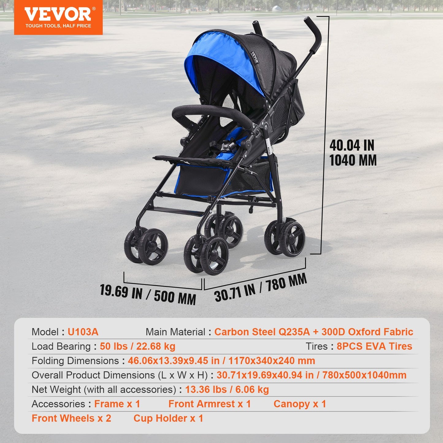 Lightweight Stroller, Compact Easy Fold MultiPosition Recline Canopy Backrest, Carbon Steel Frame, Large Storage Basket, Umbrella Toddler Baby Stroller for Travel and More, Black/Blue
