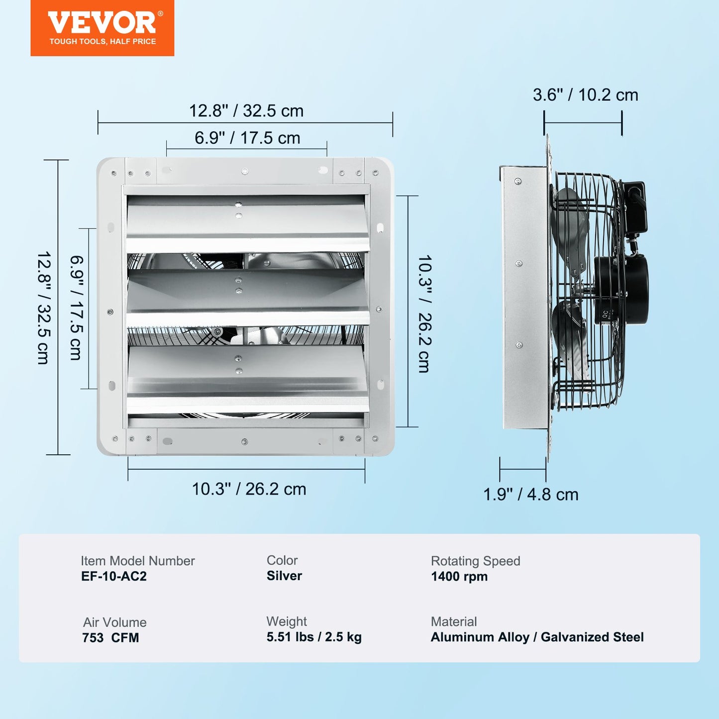 10'' Shutter Exhaust Fan, High-speed 820 CFM, Aluminum Wall Mount Attic Fan with AC-motor, Ventilation and Cooling for Greenhouses, Garages, Sheds, Shops, FCC