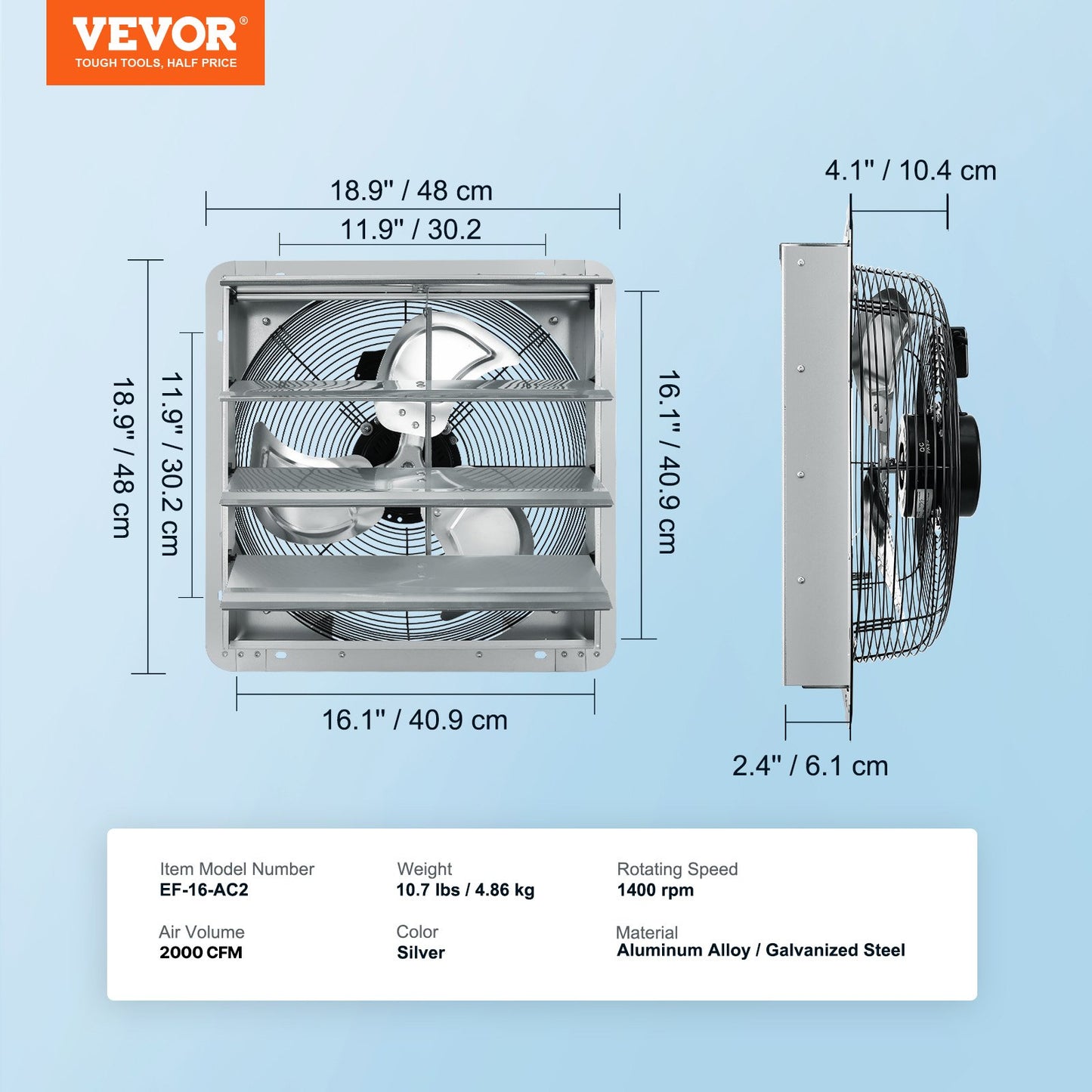 16'' Shutter Exhaust Fan, High-speed 2000 CFM, Aluminum Wall Mount Attic Fan with AC-motor, Ventilation and Cooling for Greenhouses, Garages, Sheds, Shops, FCC