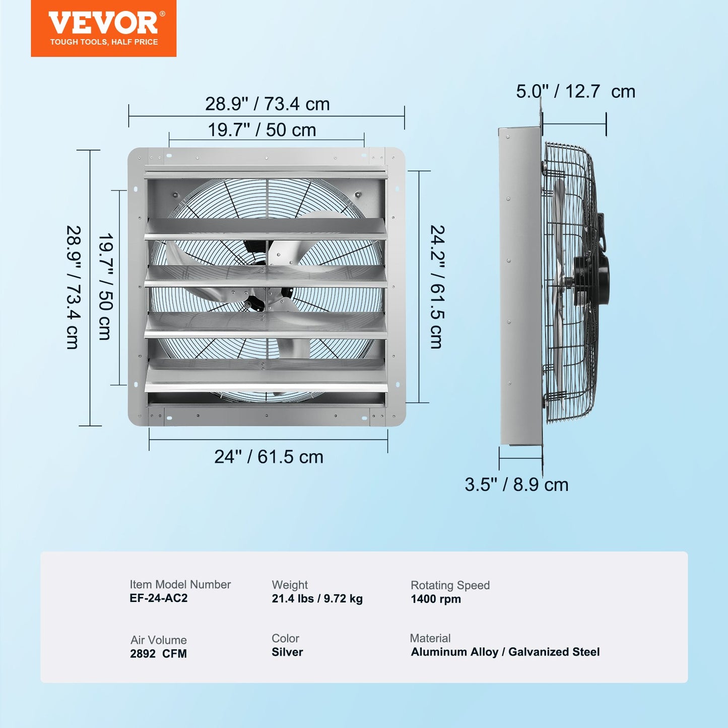 24'' Shutter Exhaust Fan, High-speed 3320 CFM, Aluminum Wall Mount Attic Fan with AC-motor, Ventilation and Cooling for Greenhouses, Garages, Sheds, Shops, FCC