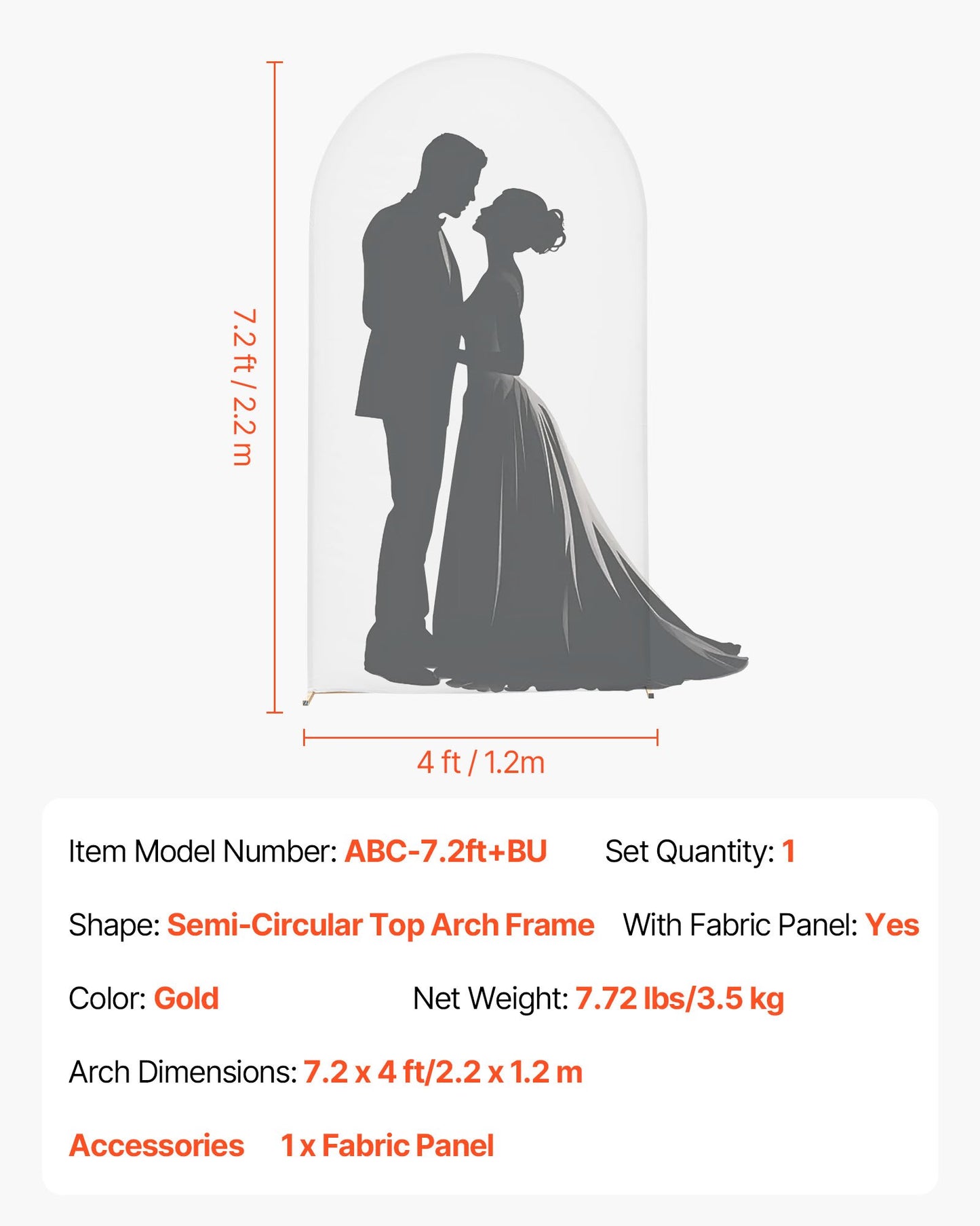 Arch Backdrop Stand, 7.2 x 4 ft, Stable Structure, Easy Assembly, 1 Piece Gold Metal Arch Backdrop Stand with Cover for Wedding, Birthday Party, Holiday Celebration, and Ceremony Decoration