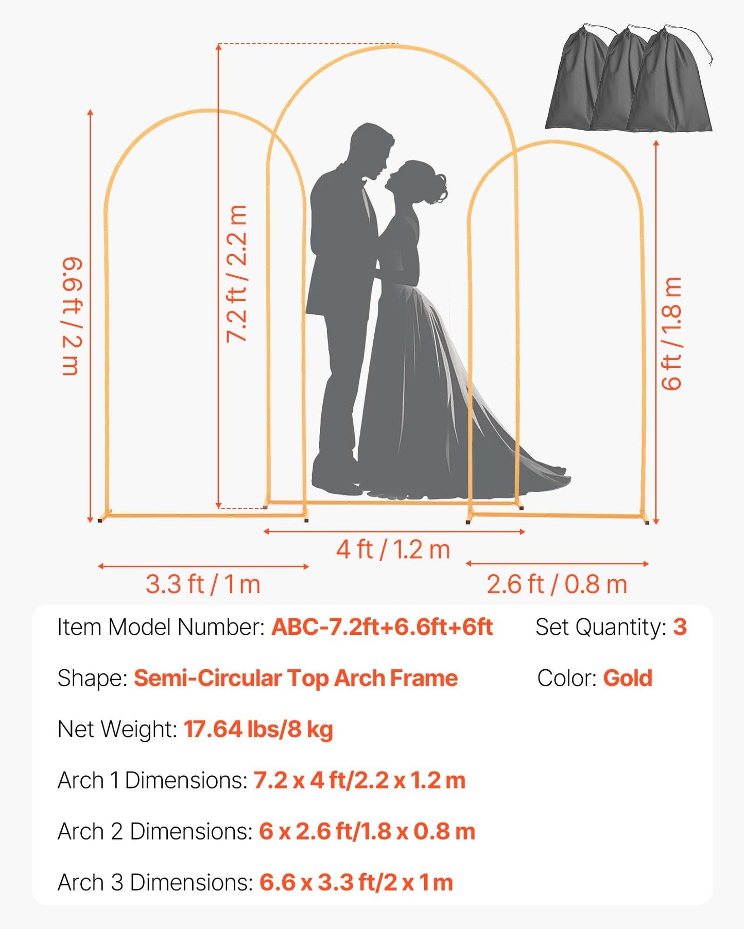 Arch Backdrop Stand, Set of 3, 7.2/6.6/6 ft, Stable Structure, Easy Assembly, Gold Metal Arch Backdrop Stand for Wedding, Birthday Party, Graduation, Holiday Celebration, and Ceremony Decoration