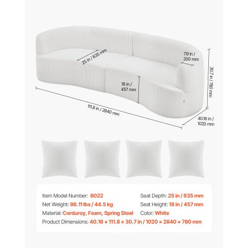 2840 mm böjd modulsoffa, modern lyxig sektionssoffa med 4 kuddar, överdimensionerad molnplyschmanchestersoffa med bred djup sits, för vardagsrum, sovrum, lägenhet, kontor, vit | EU
