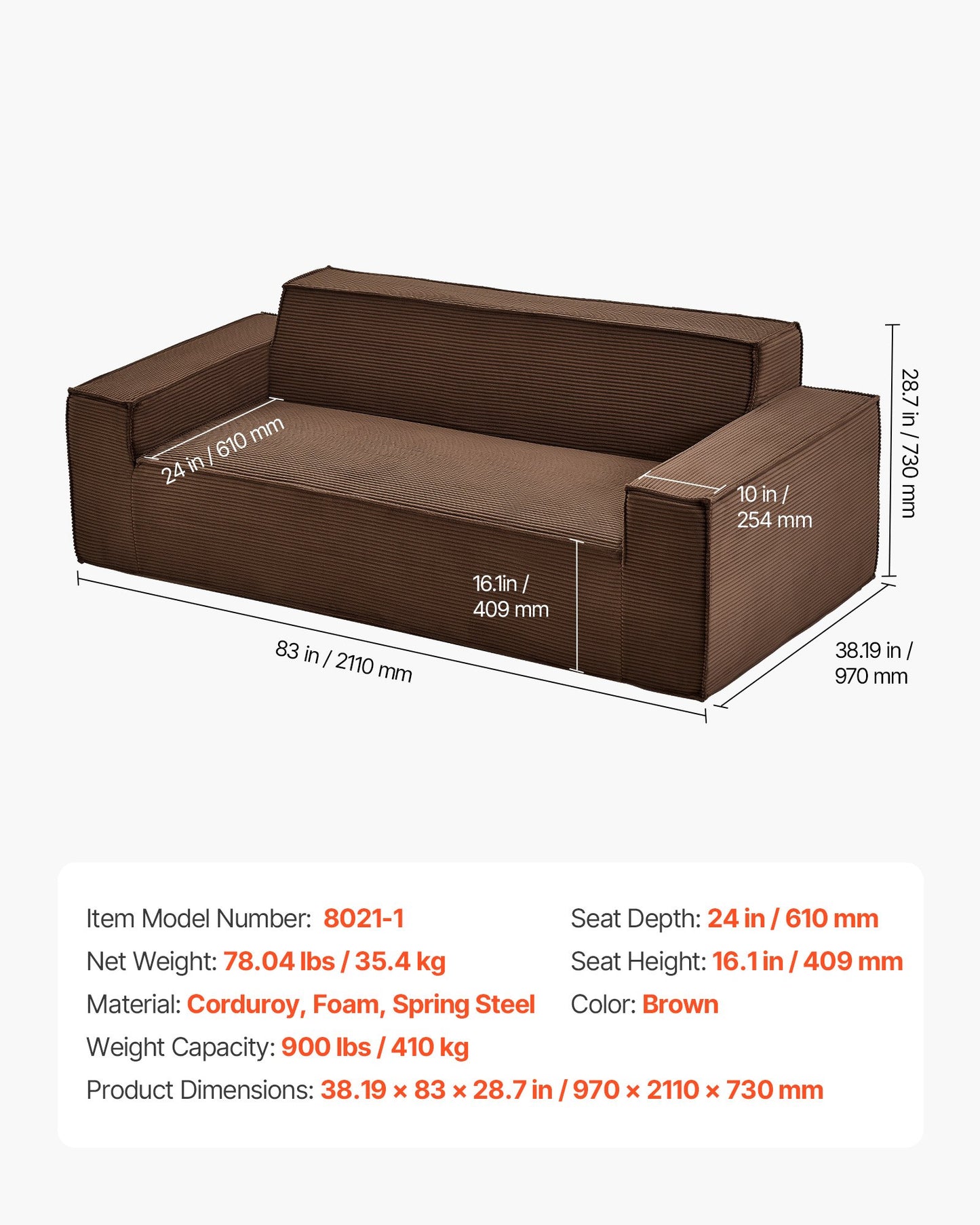3-Seater Sofa in a Box, 83-Inch No Assembly Corduroy Couch with Memory Foam, Deep Seats for Living Room, Apartment, or Office, Brown