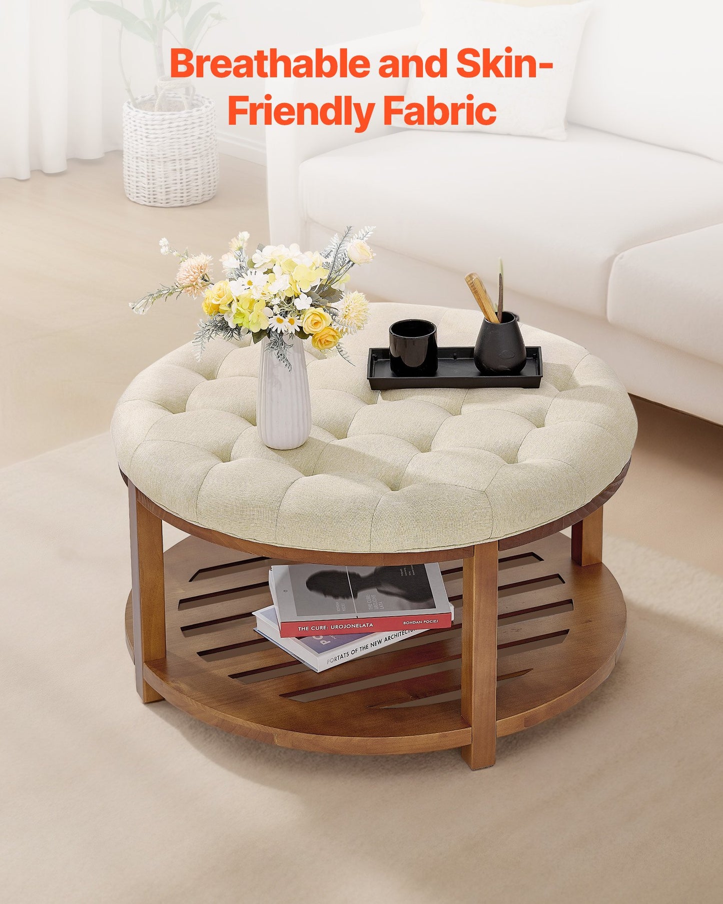 Large Round Ottoman Coffee Table, 31.9 Inch Tufted Coffee Table with Solid Wood Shelf Storage, Linen Solid Upholstered Footrest Ottoman for Bedroom Living Room, 350 LBS, Linen Color