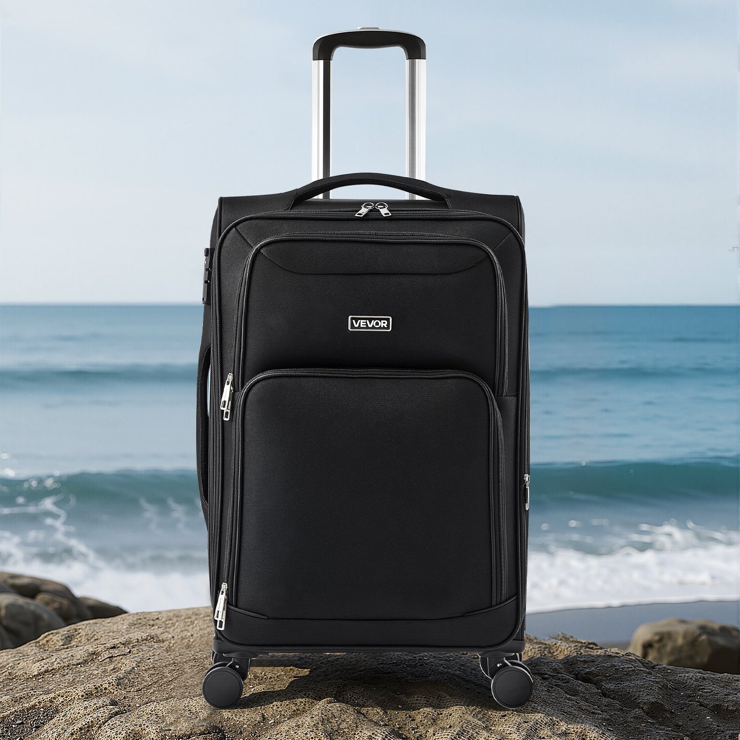 Softside Expandable Luggage with Spinner Wheels, 24-Inch Softside Checked Medium Luggage, Lightweight Checked Suitcase with Expandable Zippered Pocket and TSA Lock, Black