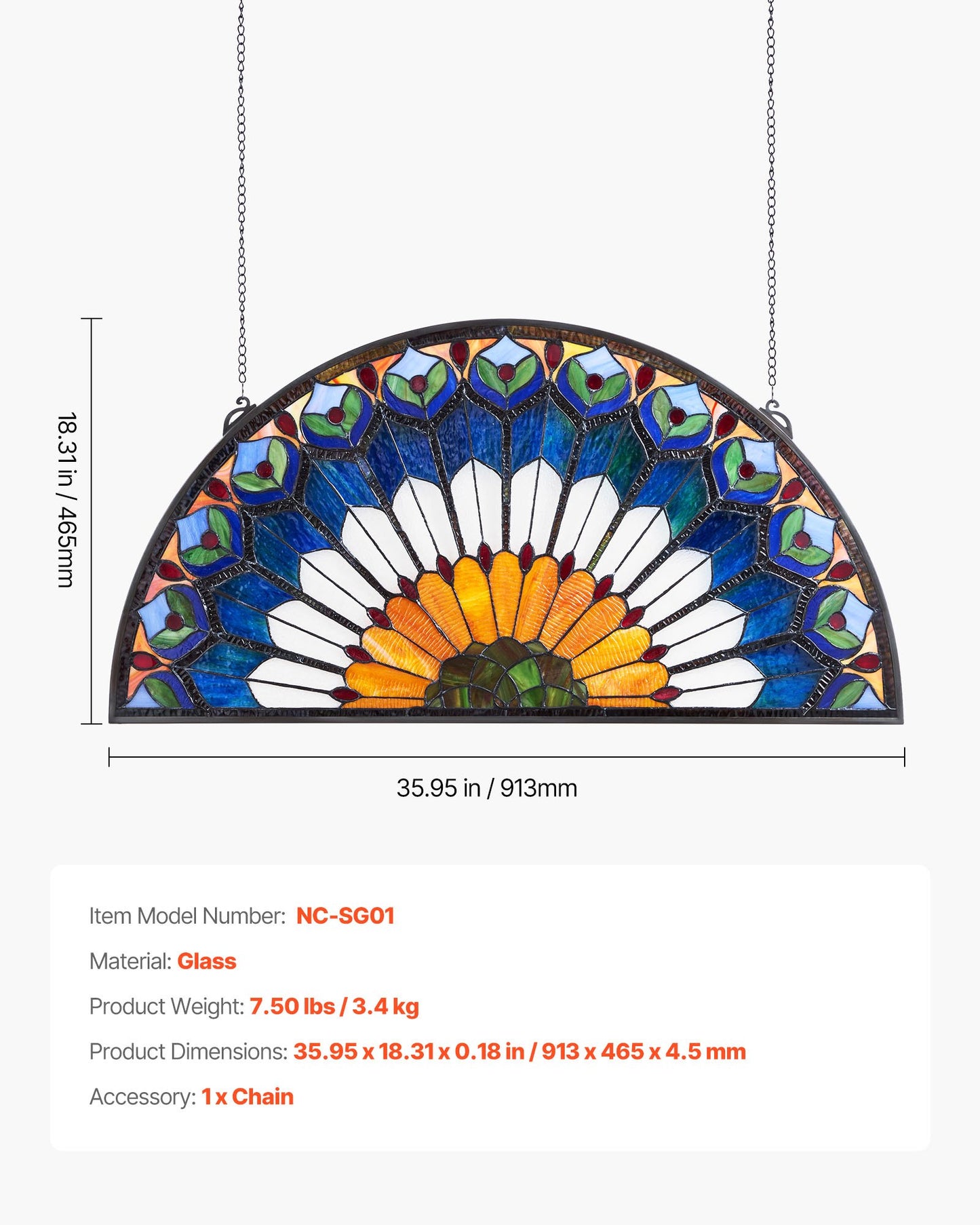 Stained Glass Window Panel, 36 x 18 in, Tiffany Style Hanging Transom Window Panel with Chain, Large Half-Round Stain Glass Hanging, Vintage Traditional Art Handcrafts for Kitchen Home Decor