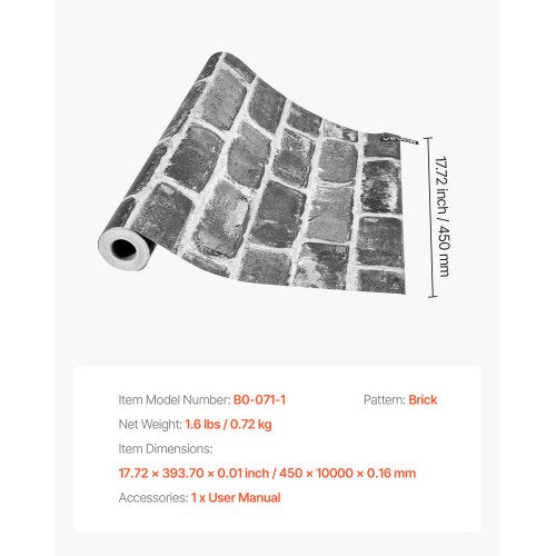 självhäftande tapet 45 cm x 10 m grå tegelsten vattentät för sovrum | EU