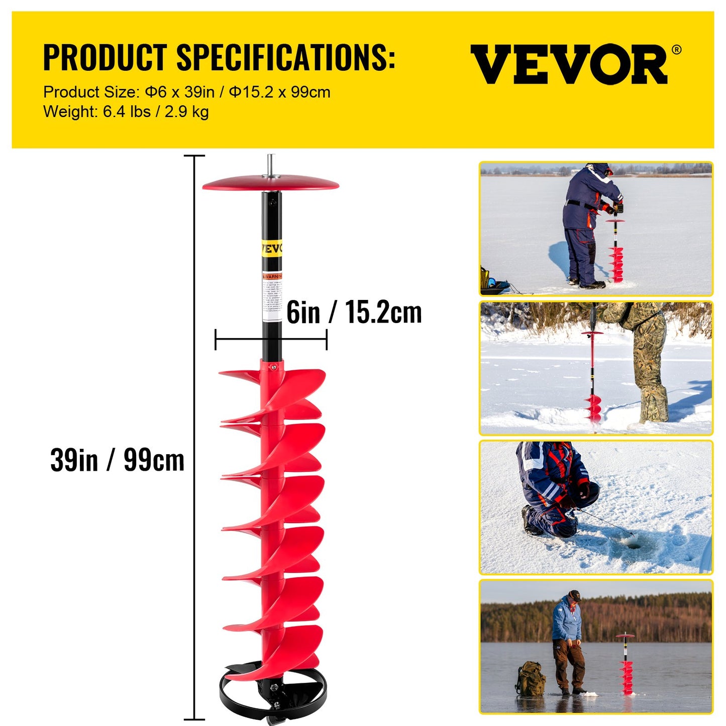 Ice Drill Auger, 6\" Diameter Nylon Ice Auger, 39\" Length Ice Auger Bit,Auger Drill with 11.8\" Extension Rod,Auger Bit with Drill Adapter,Top Plate & Blade Guard for Ice Fishing Ice Burrowing
