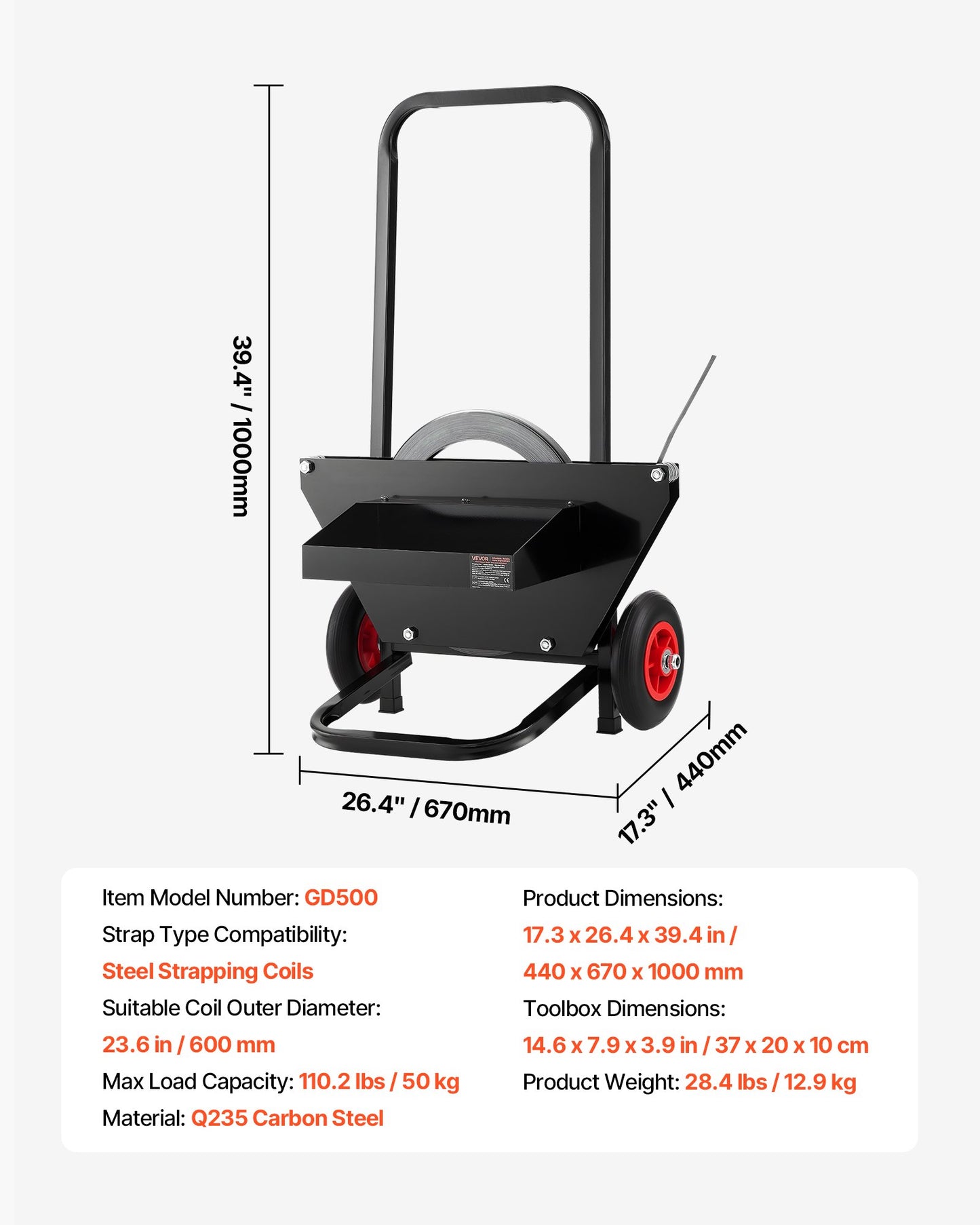 Banding Strapping Cart, Fit for Steel Strapping Coils with 23.6 inches Core Outer Size, Heavy Duty Strapping Dispenser with Rubber Wheels, Suitable for Factory, Warehouse, Loading Area