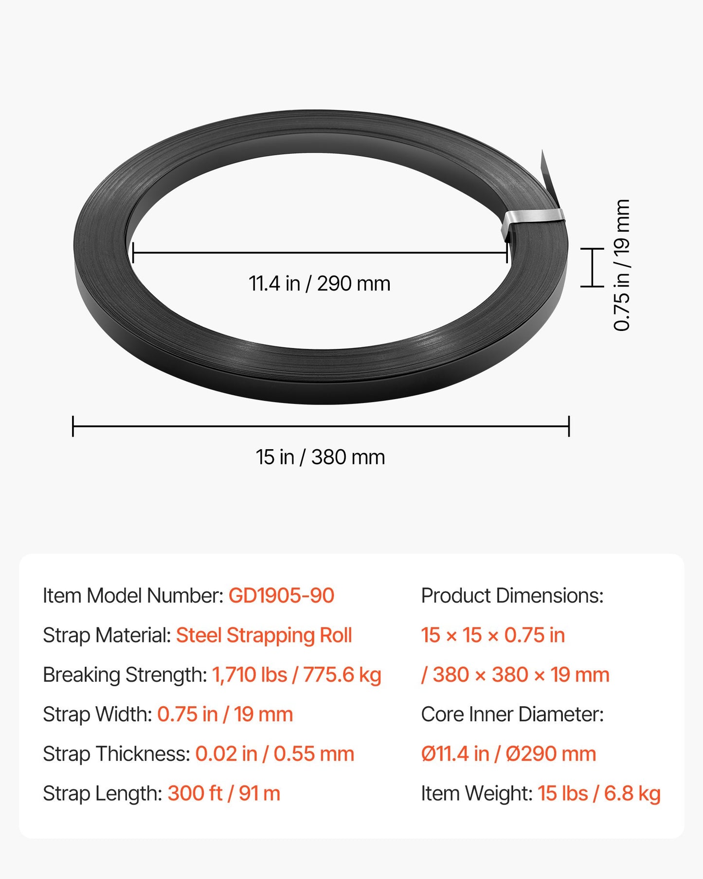 Steel Strapping Coil, 3/4 in x 0.02 in x 300 ft, Metal Strapping Banding Roll Withstands Harsh Environment, 1710 lbs Break Strength, Heavy Duty Banding Pallet Strap Coil for Pallet Packing