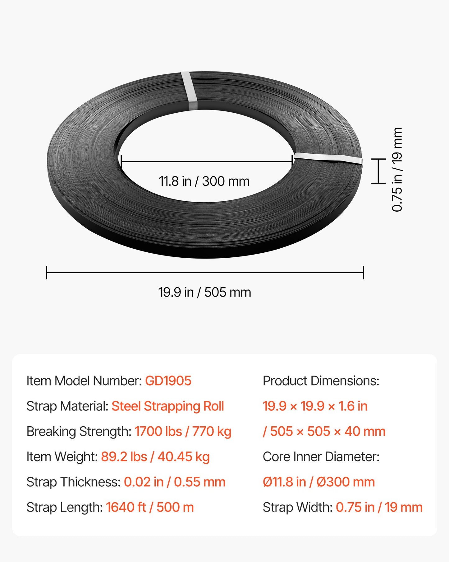 Steel Strapping Coil, 3/4 in x 0.02 in x 1640 ft, Metal Strapping Banding Roll Withstands Harsh Environment, 1700 lbs Break Strength, Heavy Duty Banding Pallet Strap Coil for Pallet Packing