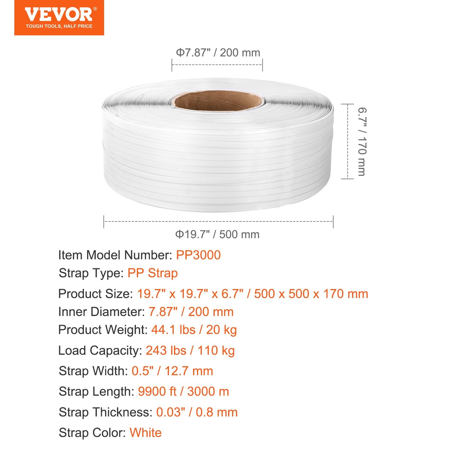 Packaging PP Strapping Roll 1/2" x 0.03" x 9900' Banding Strap 243lbs Load