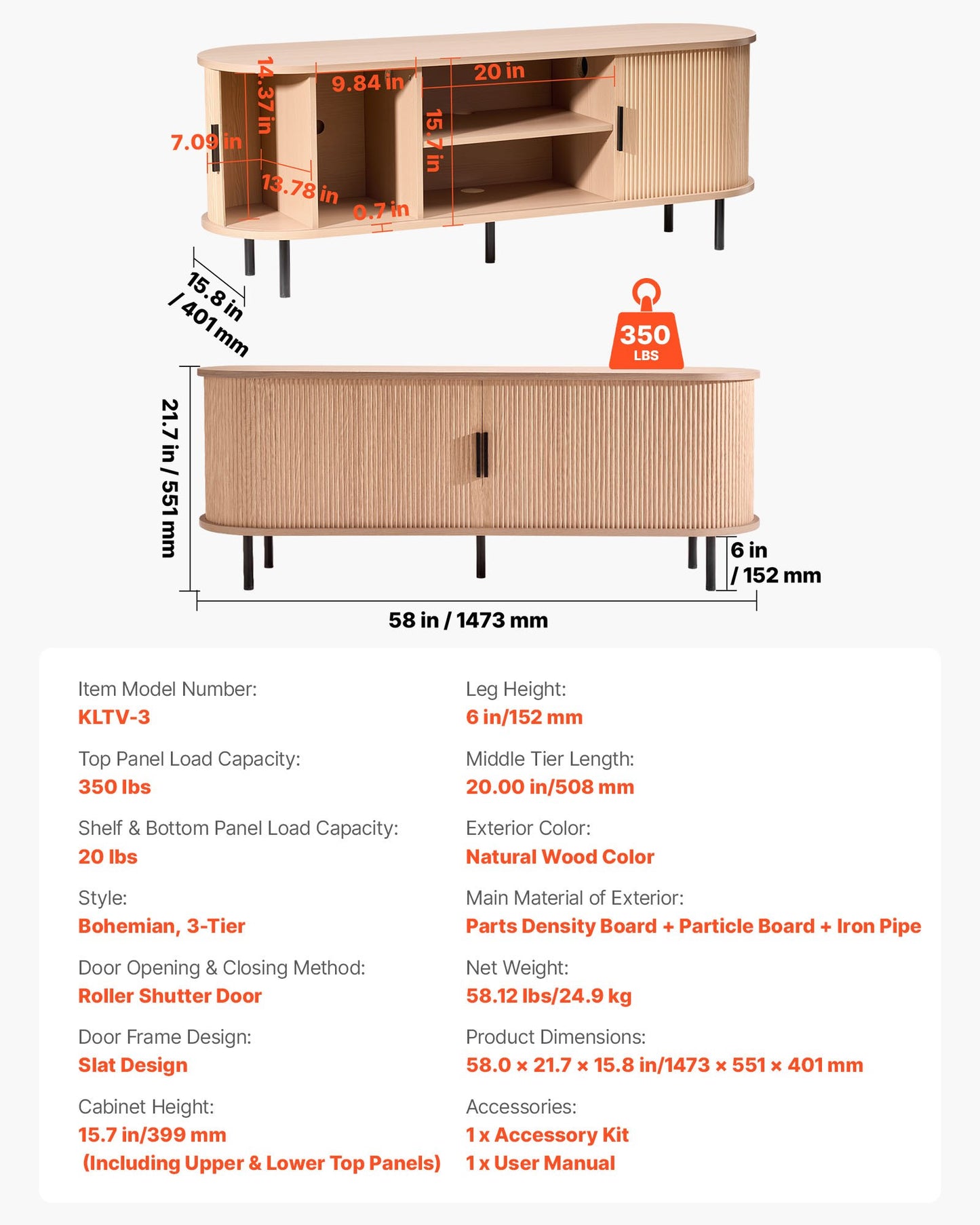 TV Stand, Boho Entertainment Center for TVs up to 58 in, 350 lbs Load, TV Media Console Table with Adjustable Storage Shelves and Rolling Door, Television Stand for Living Room, Bedroom, Burlywood