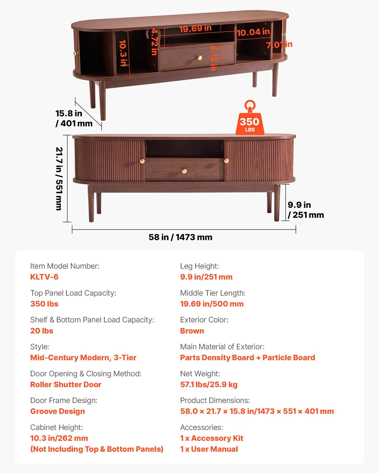 TV Stand, Mid Century Modern Entertainment Center for TVs up to 58 in, 350 lbs Load Capacity, TV Media Console Table with Drawer, Open Storage Shelves & Rolling Door for Living Room, Bedroom