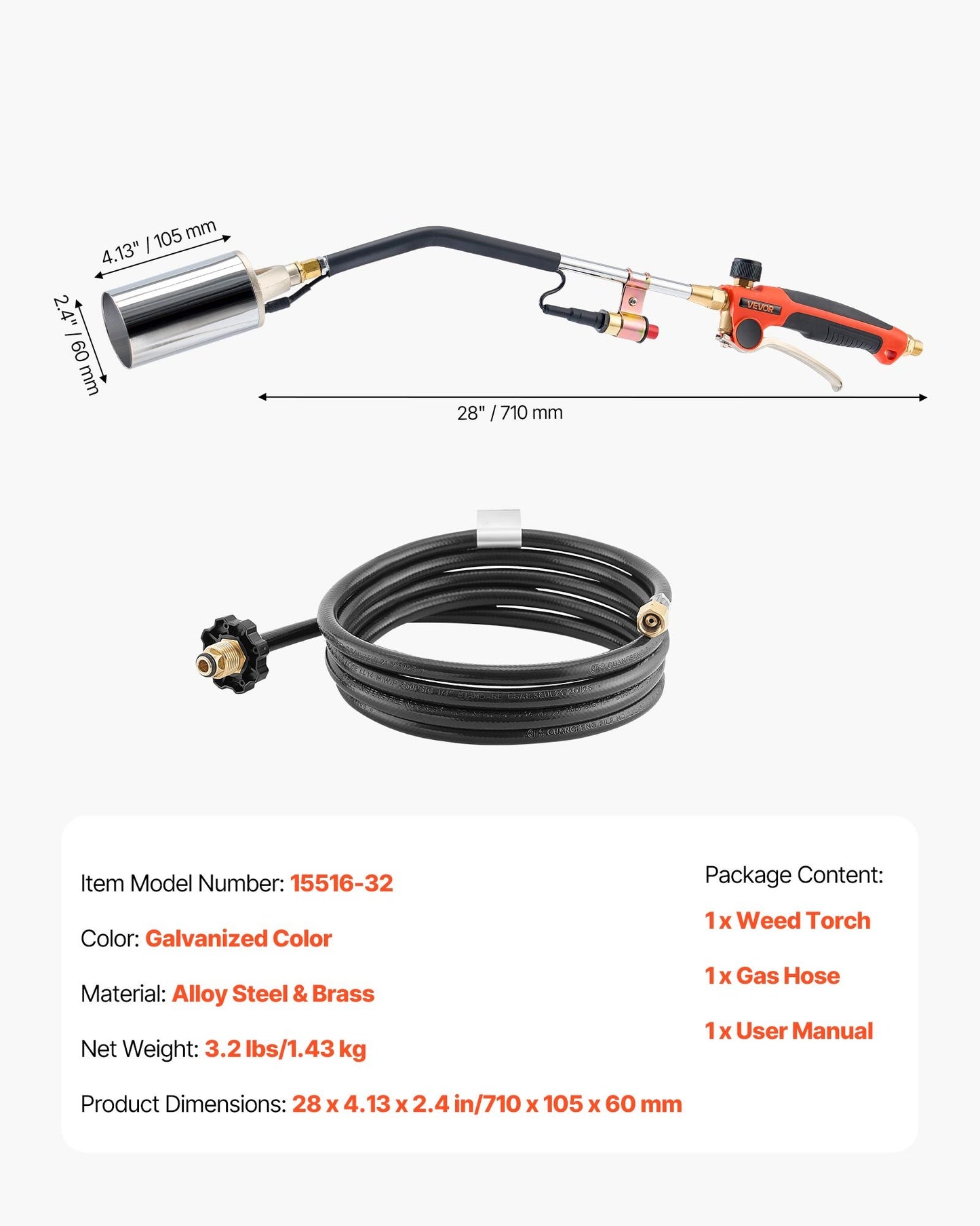Propane Torch Weed Burner, High Output 1,800,000 BTU with 10 ft Hose, Heavy Duty Blow Torch with Adjustable Flame and Turbo Trigger Push Button Igniter, Flamethrower Kit for Garden Ice Snow Road