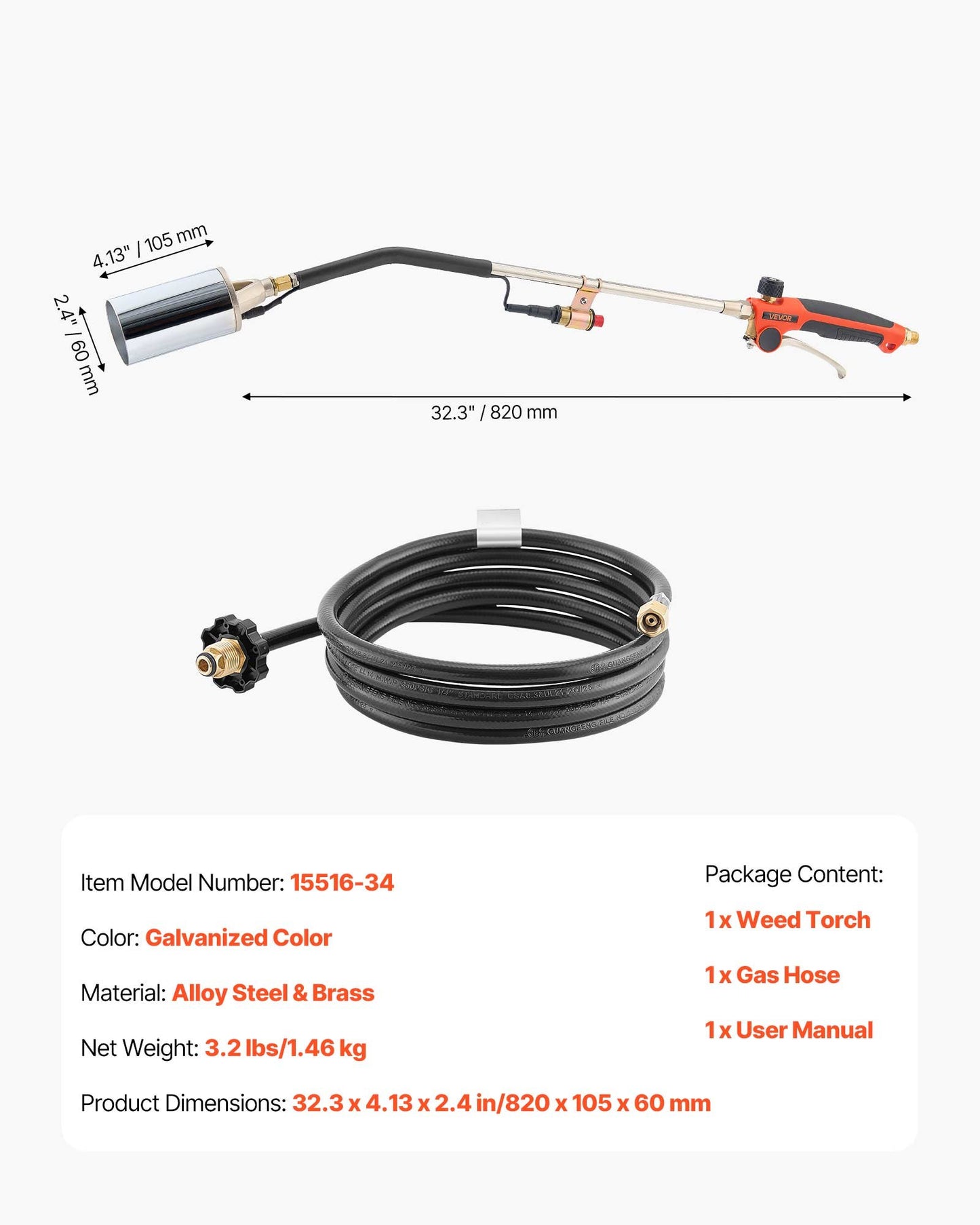 Propane Torch Weed Burner, High Output 2,400,000 BTU with 10 ft Hose, Heavy Duty Blow Torch with Adjustable Flame and Turbo Trigger Push Button Igniter, Flamethrower Kit for Garden Ice Snow Road