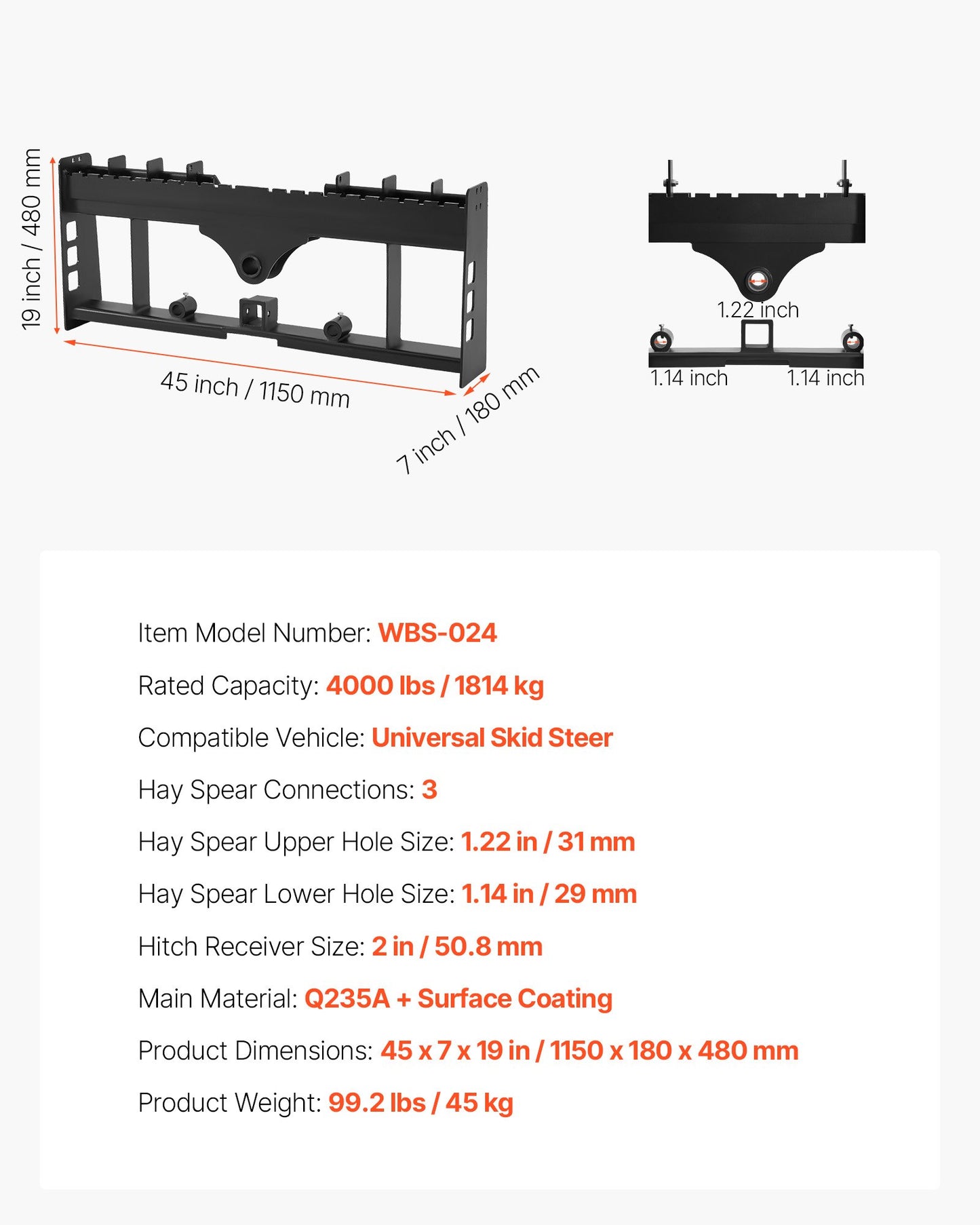 Skid Steer Pallet Frame, 4000 lbs Rated Load Capacity, 45-inch Pallet Fork Frame Attachments with 2-inch Hitch Receiver & Spear Sleeves, Fit for Loaders Tractors Quick Attach Mount, Frame Only
