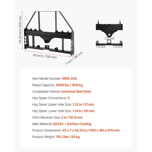 Komplett pallgaffelram, 1814 kg nominell kapacitet, 115 cm pallgaffelramfästen med 50,8 mm dragkrokfäste och spjuthylsor, passar för snabbkopplingstraktorlastare, endast ram | EU