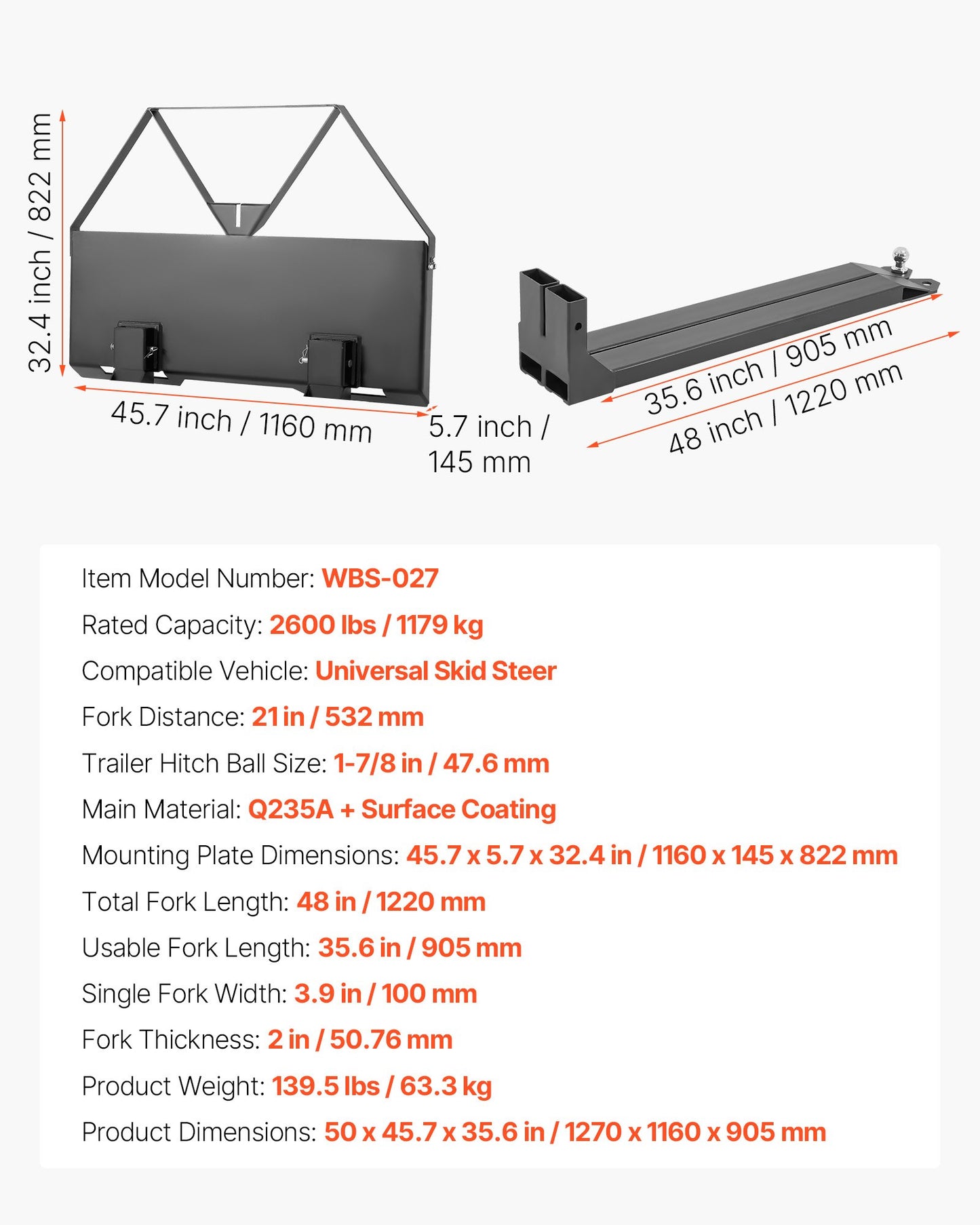Skid Steer Pallet Forks, 2600 lbs Rated Capacity, Pallet Fork Frame Attachment with 48-inch Pallet Forks Blades, 1-7/8 inch Ball Hitch Receiver, Quick Tach Connection for Skid Steers, Tractors