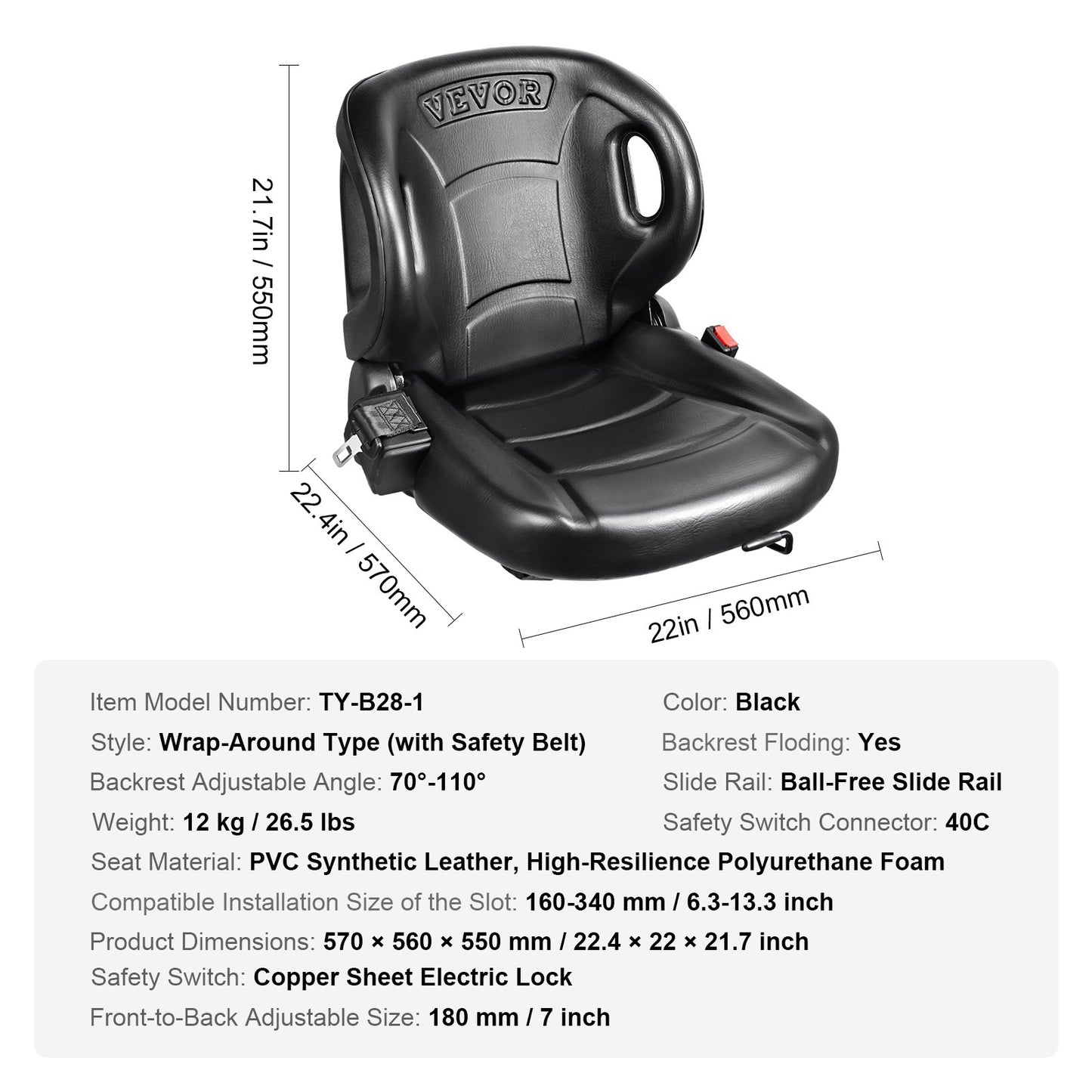 Universal Forklift Seat,Tractor Seat with Adjustable Angle Back, Micro Switch and Seatbelt,Wrap-around Forklift Seat for Tractor Loader Excavator