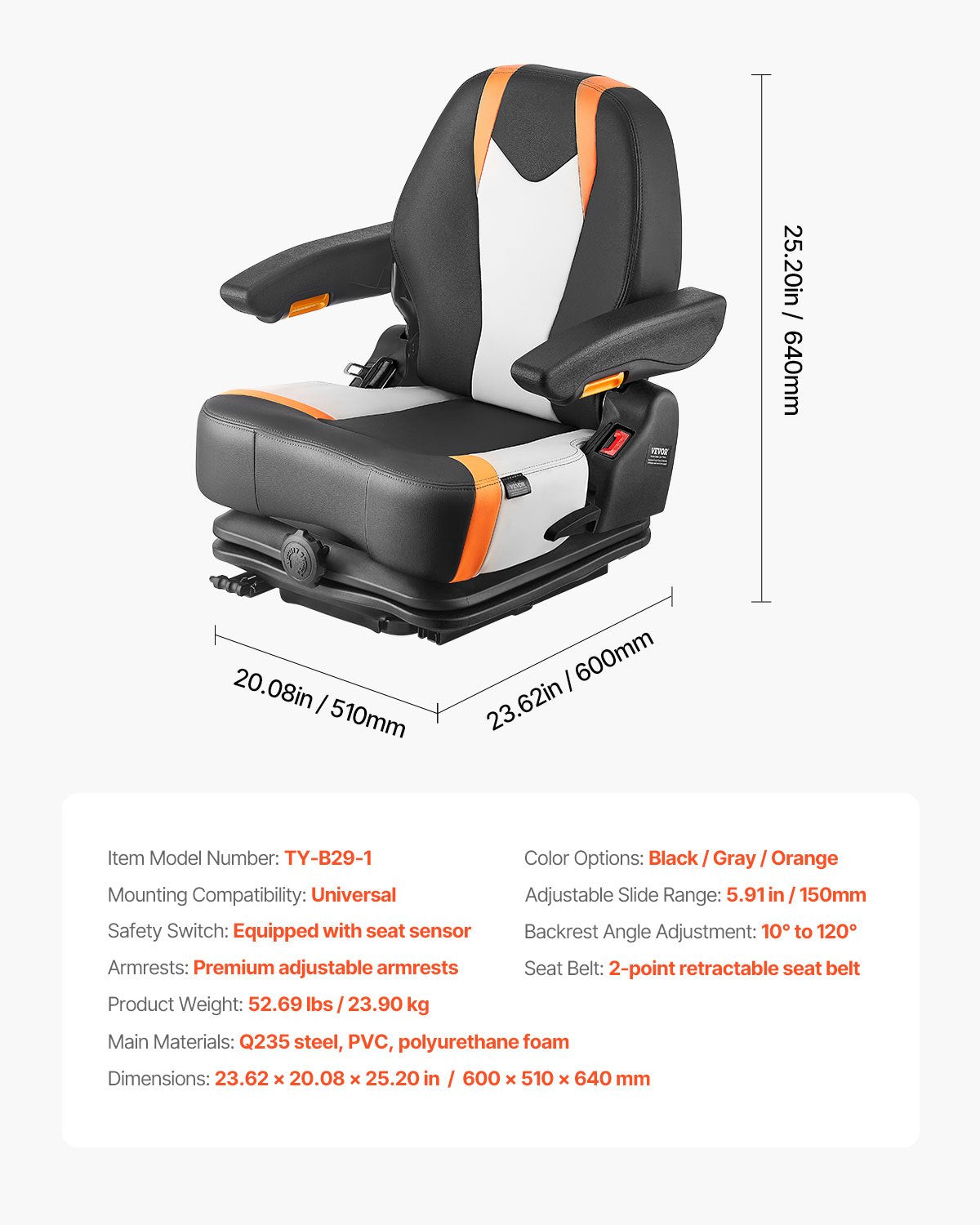 Universal Forklift Seat, Tractor Suspension Seat with Adjustable Back, Armrest & Safety Belt, Secure Fold Down Tractor Seat with Micro Switch, Lawnmower Seat for Skid Loader Bulldozer