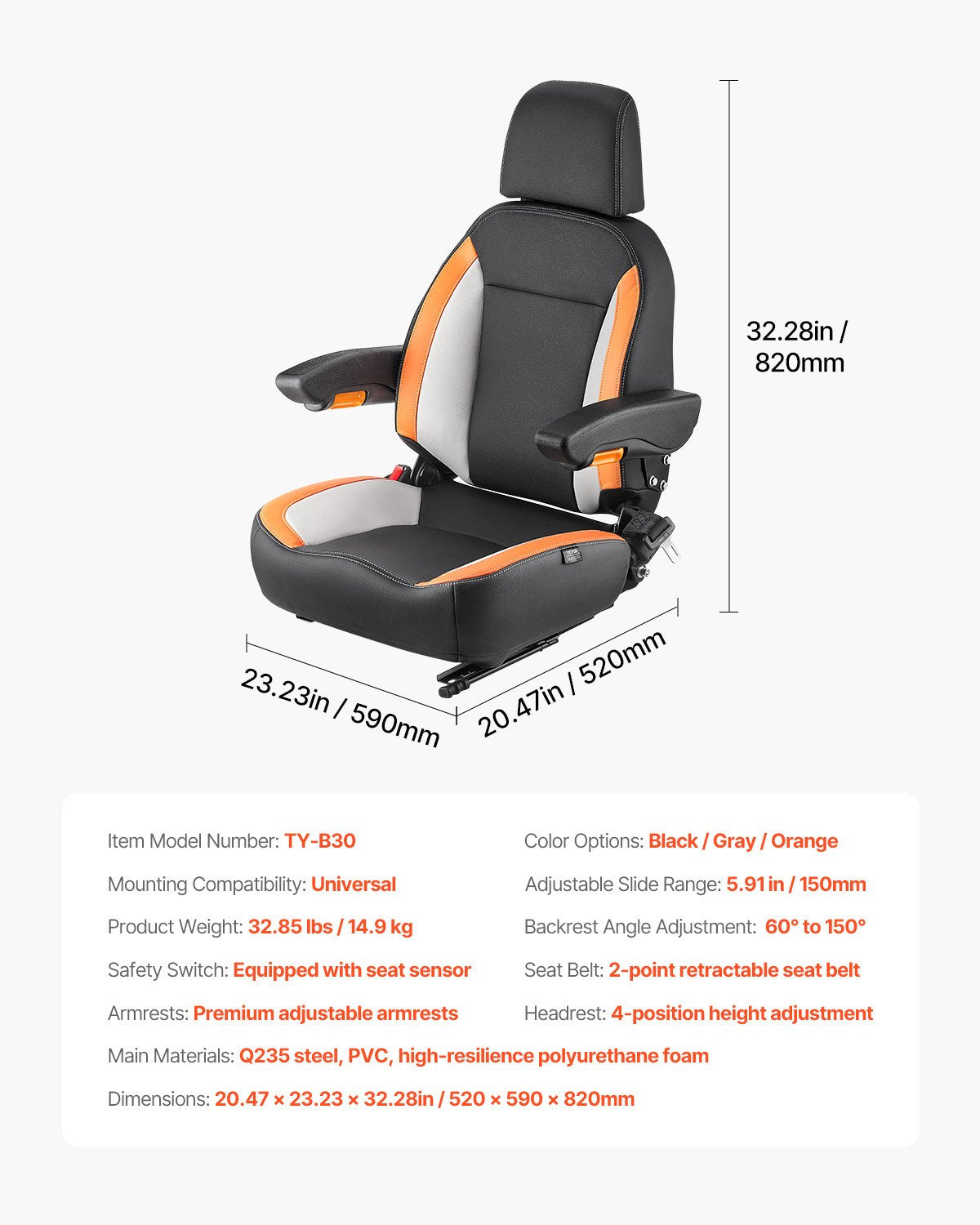 Universal Forklift Seat, Tractor Seat with Adjustable Back, Armrest, Headrest & Safety Belt, Secure Tractor Seat with Micro Switch, Ergonomic Lawnmower Seat for Skid Loader Bulldozer