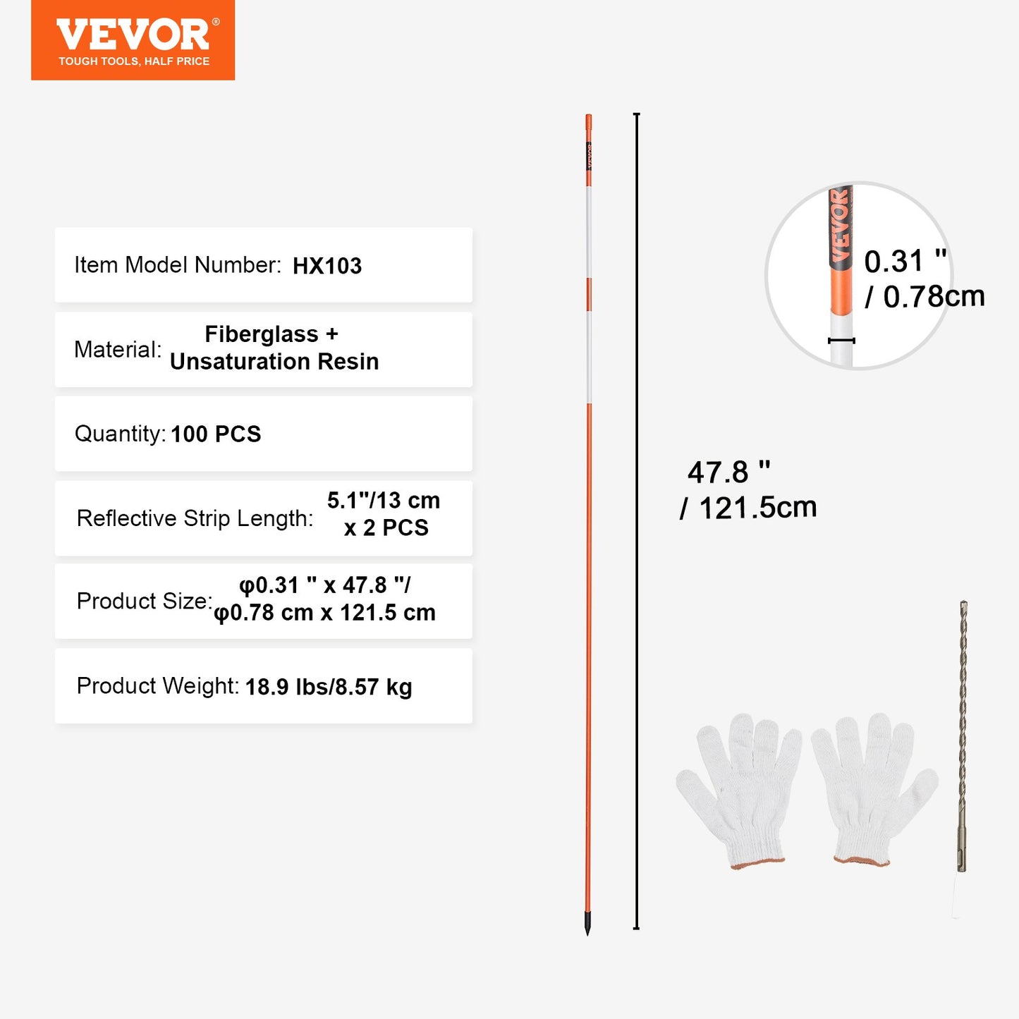 Driveway Markers, 100 PCS 48 inch, 0.31 inch Diameter, Orange Fiberglass Poles Snow Stakes with Reflective Tape, 12" Steel Drill Bit & Protection Gloves for Parking Lots, Walkways Easy Visibility