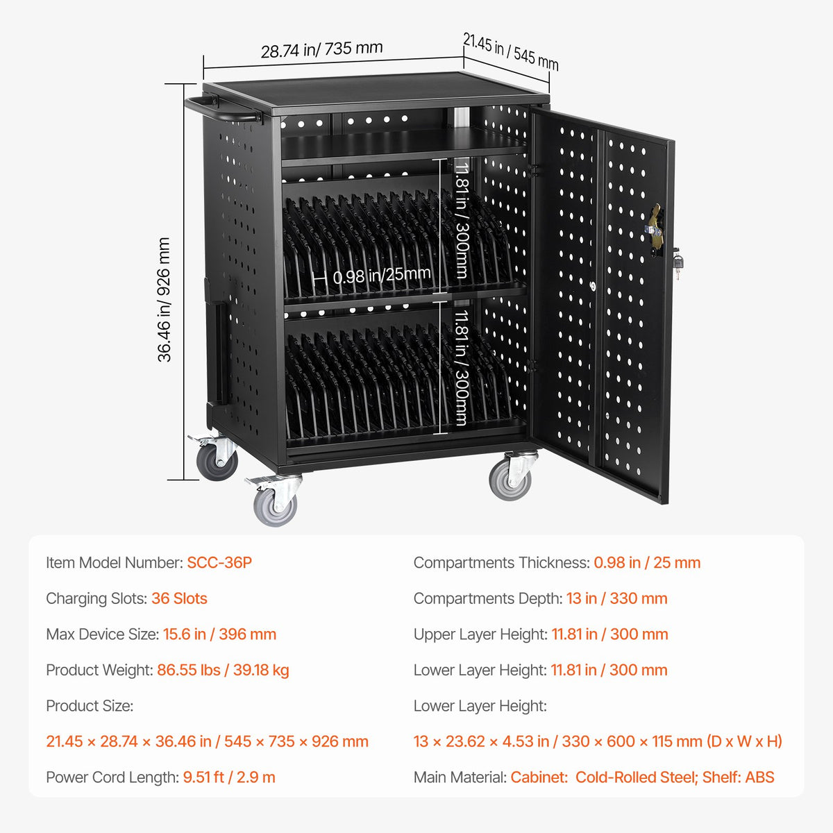 Charging Cart, 36 Device Mobile Charging Station, Up to 15.6 in Screen Size, Office and Classroom Mobile Charging Cart, for Chromebook, Tablet and Laptop