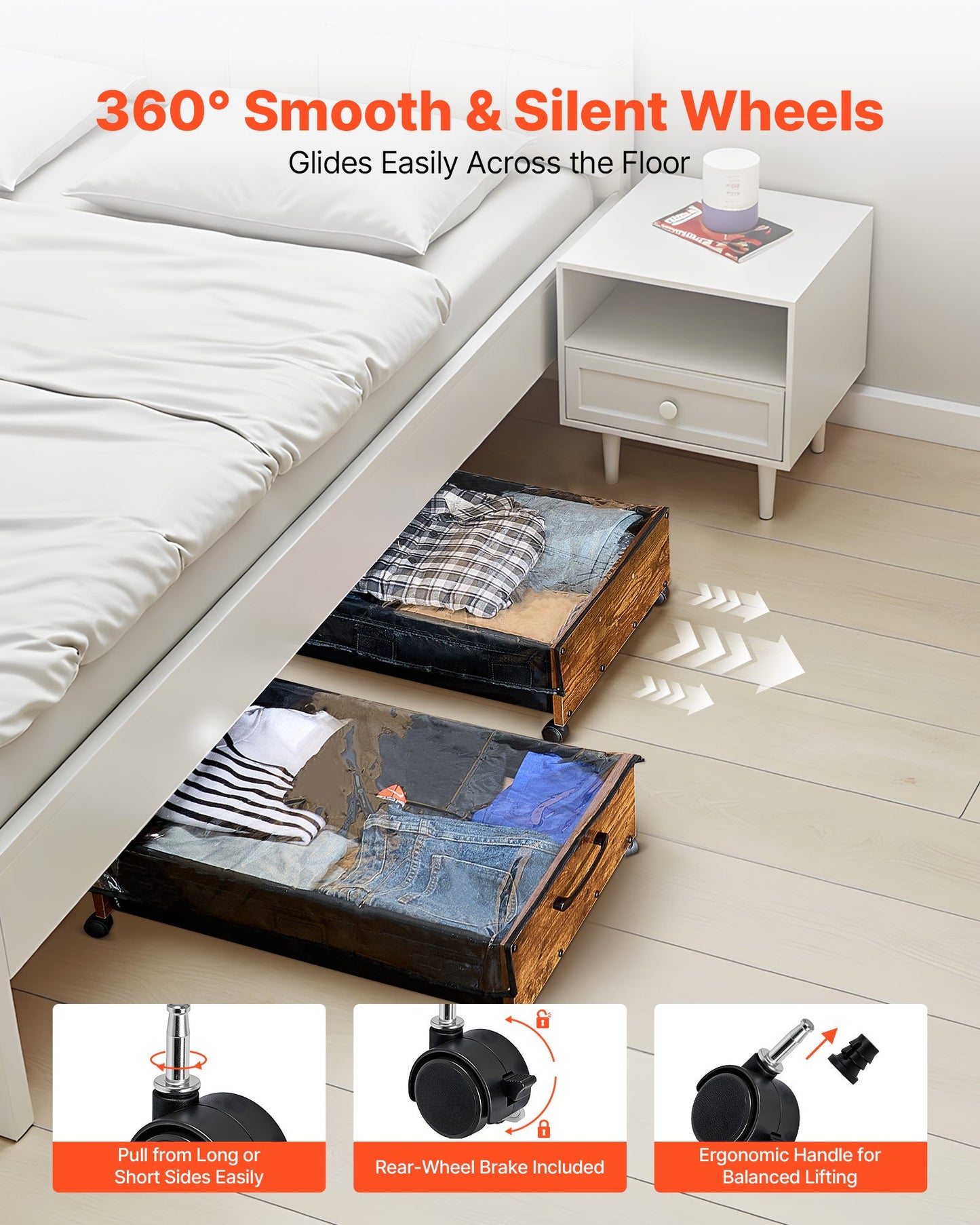 Under Bed Storage with Wheels, 25.6 x 18.1 x 7.1 inch Underbed Containers, Underbed Shoes Organizer with Lockable Wheels, Rolling Under the Bed Storage Bins for Clothes, Shoes, Blankets, 2 Pack