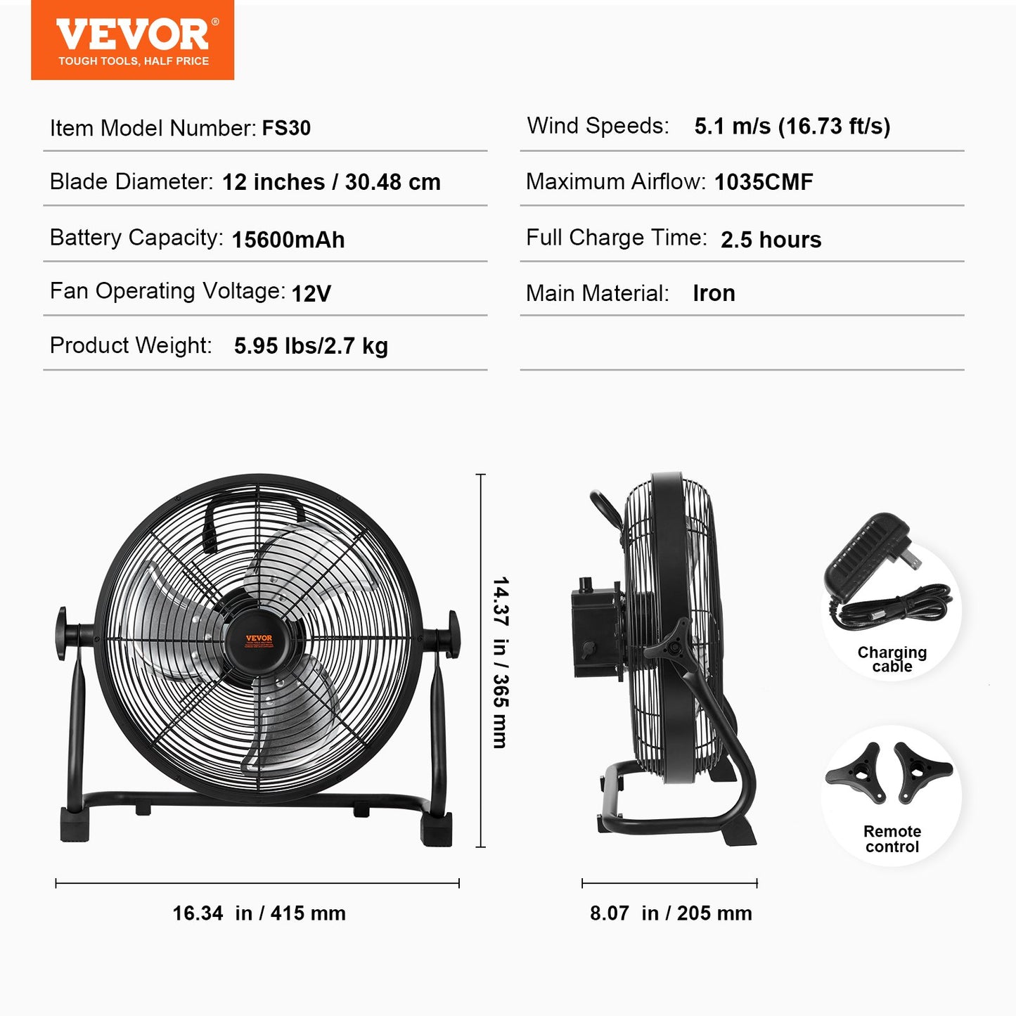 Cordless Fan 12 in, Portable Quiet Personal Fan for Home or Office, 360 Degree Manual Pivoting Head, Stepless Speed Regulation High Velocity Cordless Fan, Heavy Duty Metal Industrial Floor Fans