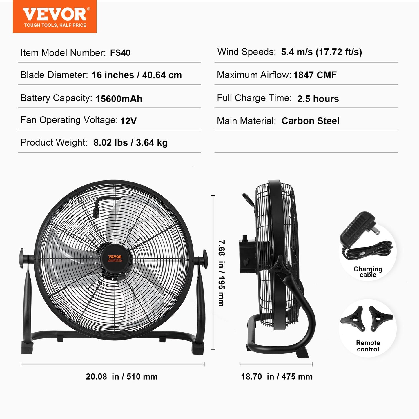 Cordless Fan 16 in, Portable Quiet Personal Fan for Home or Office, 360 Degree Manual Pivoting Head, Stepless Speed Regulation High Velocity Cordless Fan, Heavy Duty Metal Industrial Floor Fans