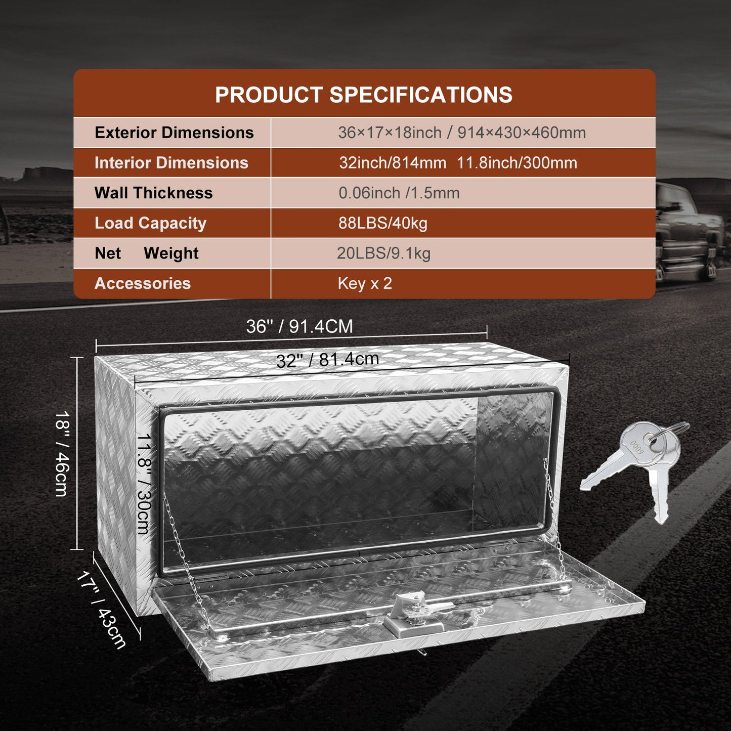 Underbody Truck Box, 36"×17"×18" Pickup Storage Box, Heavy Duty Aluminum Diamond Plate Tool Box with Lock and Keys, Waterproof Trailer Storage Box with T-Handle Latch for Truck, Van, Trailer