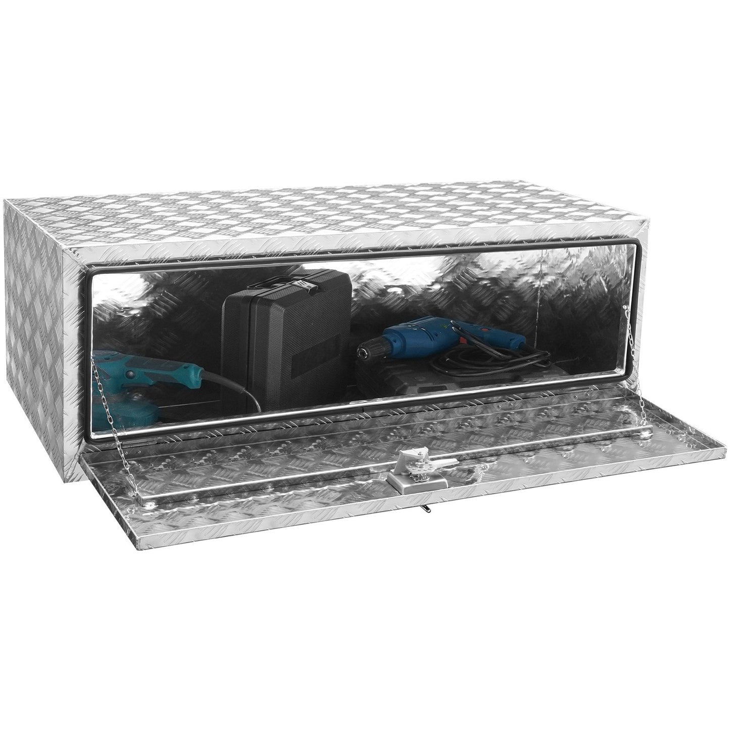 Unterwagen-LKW-Box, 48" x 24" x 24" Pickup-Aufbewahrungsbox, robuster Werkzeugkasten aus Aluminium mit Diamantplatte und Schloss und Schlüssel, wasserdichte Anhänger-Aufbewahrungsbox mit T-Griff-Verriegelung für LKW, Transporter, Anhänger
