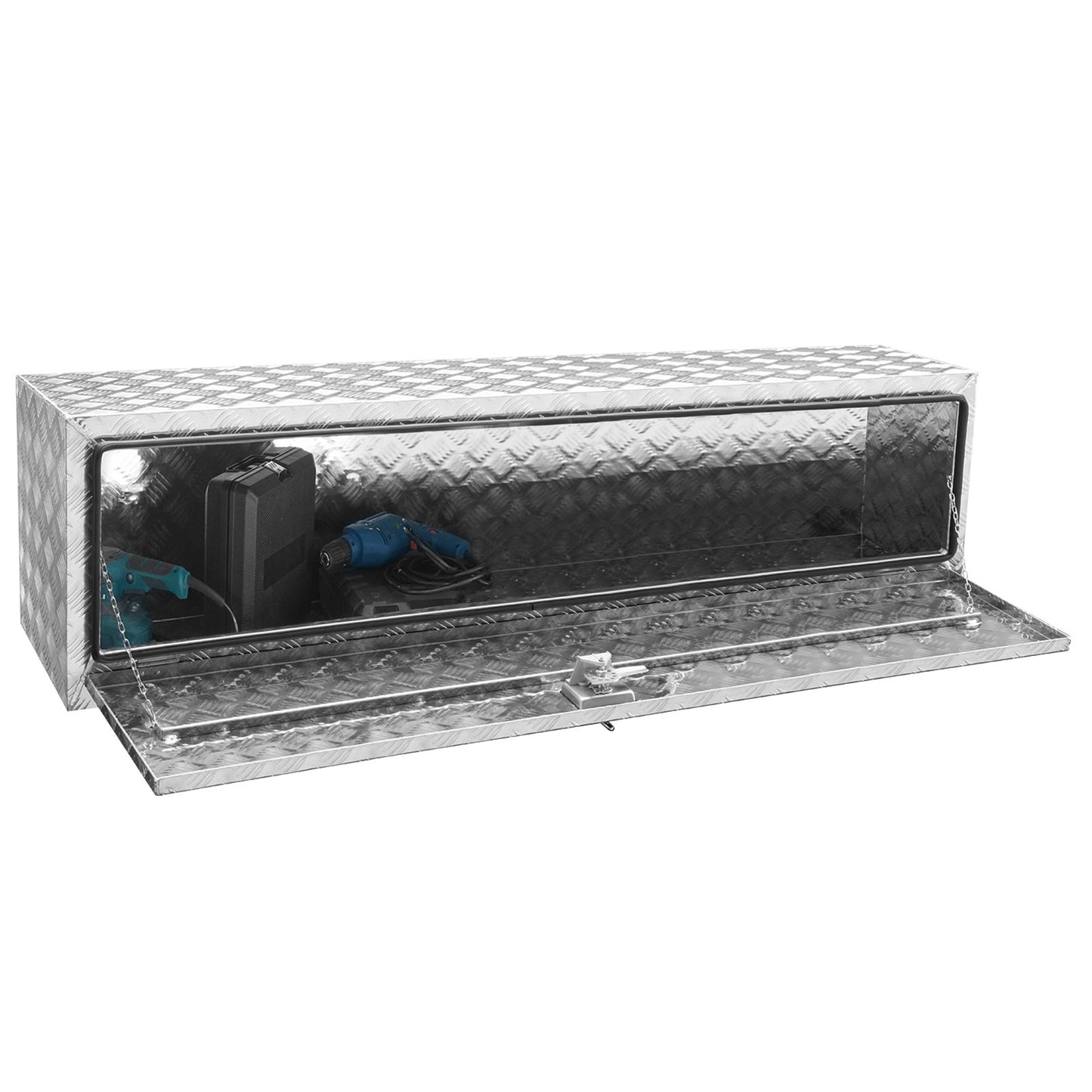 Unterwagen-LKW-Box, 60" x 17" x 18" Pickup-Aufbewahrungsbox, robuster Werkzeugkasten aus Aluminium mit Diamantplatte und Schloss und Schlüssel, wasserdichte Anhänger-Aufbewahrungsbox mit T-Griff-Verriegelung für LKW, Transporter, Anhänger