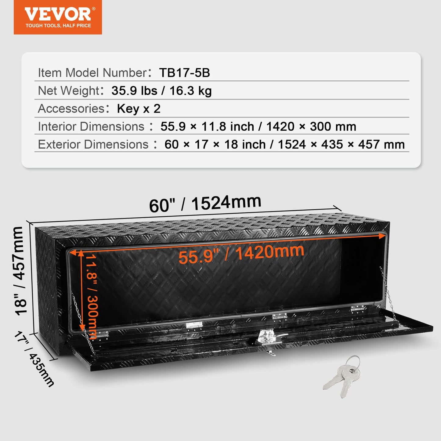 Underbody Truck Box, 60" x 17" x 18" Pickup Storage Box, Heavy Duty Aluminum Diamond Plate Tool Box with Lock and Keys, Waterproof Trailer Storage Box with T-Handle Latch for Truck, Van, Trailer