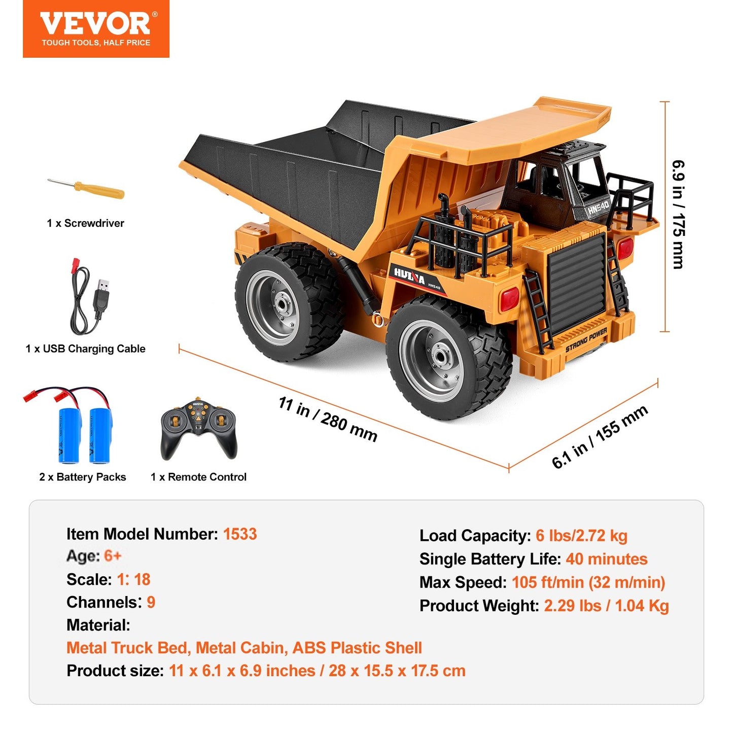 RC Dump Truck Toy, 9-Channel 1:18 Scale, Remote Control Dump Truck RC Construction Vehicle Truck Toy with Metal Bed & Light, 2 Rechargeable Batteries for Toddlers Kids Boys and Girls Age 8+
