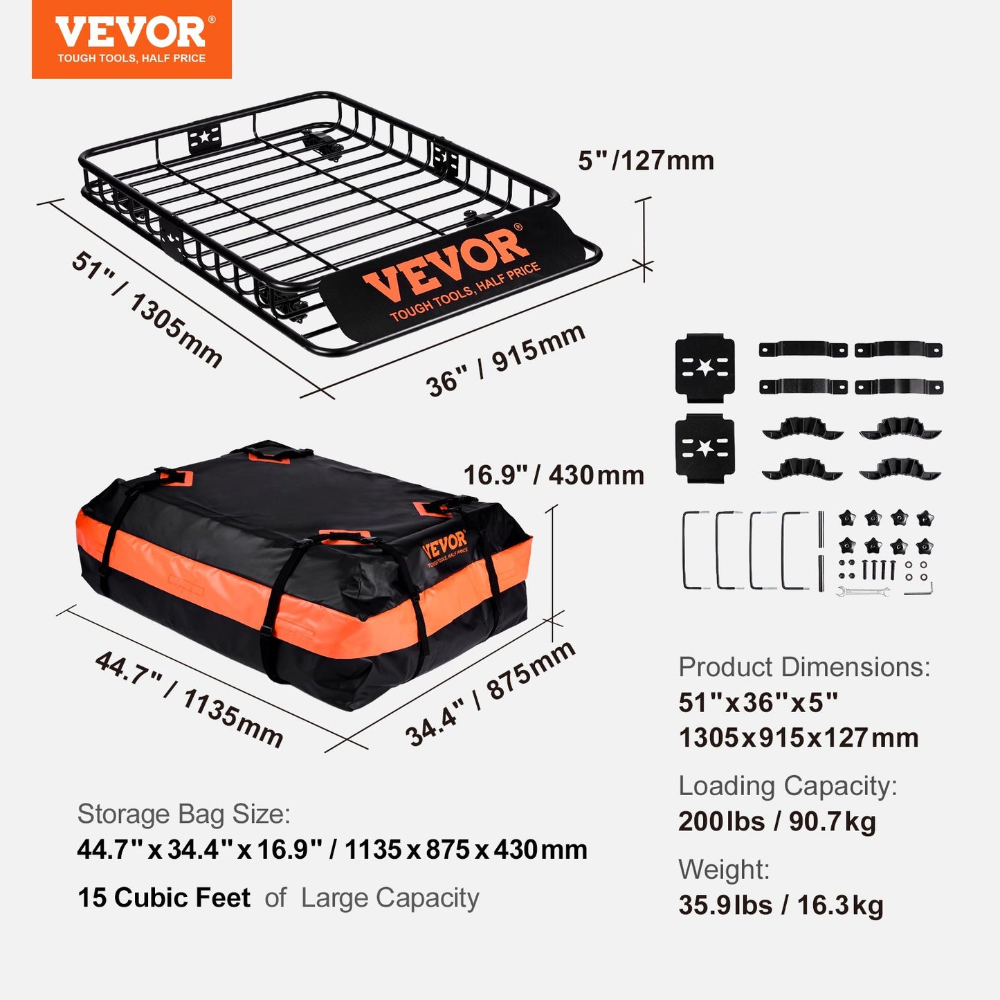 Roof Rack Cargo Basket, 51" x 36" x 5" Rooftop Cargo Carrier w/ 15 Cu Ft Waterproof Cargo Bag, 200 LBS Capacity Universal Rack Carrier for SUV, Truck