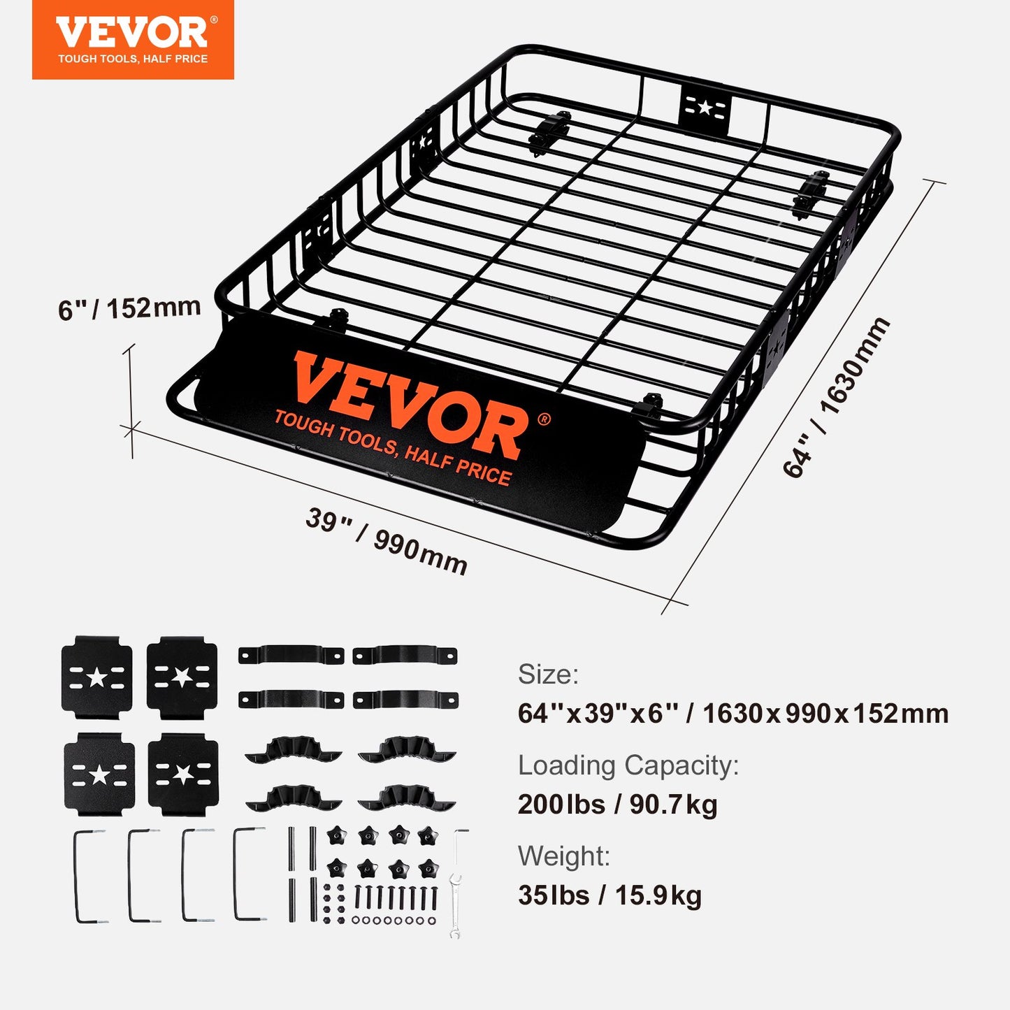 Roof Rack Cargo Basket, 64" x 39" x 6" Rooftop Cargo Carrier with Extension, Heavy-duty Steel 200 LBS Capacity Universal Roof Rack Basket, Luggage Holder for SUV, Truck