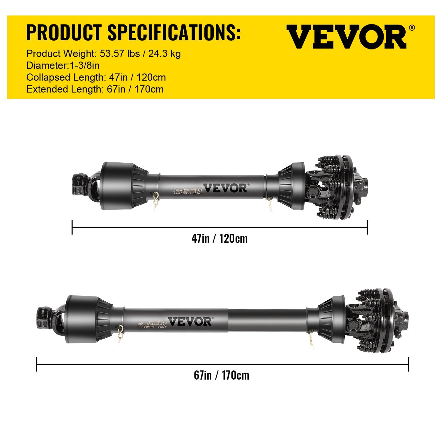 PTO Shaft, 1-3/8” PTO Drive Shaft, 6 Spline Both Ends PTO Driveline Shaft, Series 6 Tractor PTO Shaft, 47”-67” Brush Hog PTO Shaft, Black PTO Shaft with Slip Clutch for Bush Hog/Finish Mower