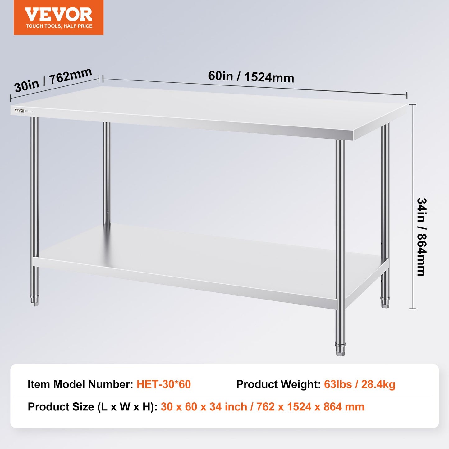Stainless Steel Prep Table, 30 x 60 x 34 Inch, 910 lbs Load Capacity, Heavy Duty Metal Worktable with 3 Adjustable Height Levels, Commercial Workstation for Kitchen Garage Restaurant Backyard