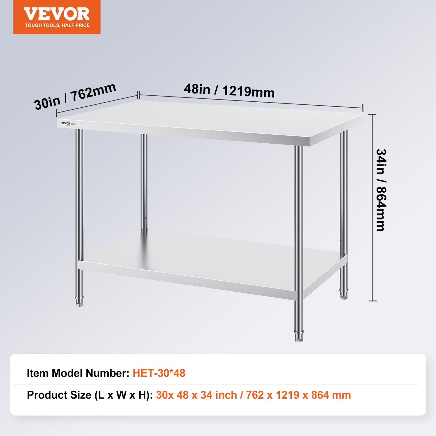 Stainless Steel Prep Table, 30 x 48 x 34 Inch, 880 lbs Load Capacity, Heavy Duty Metal Worktable with 3 Adjustable Height Levels, Commercial Workstation for Kitchen Garage Restaurant Backyard